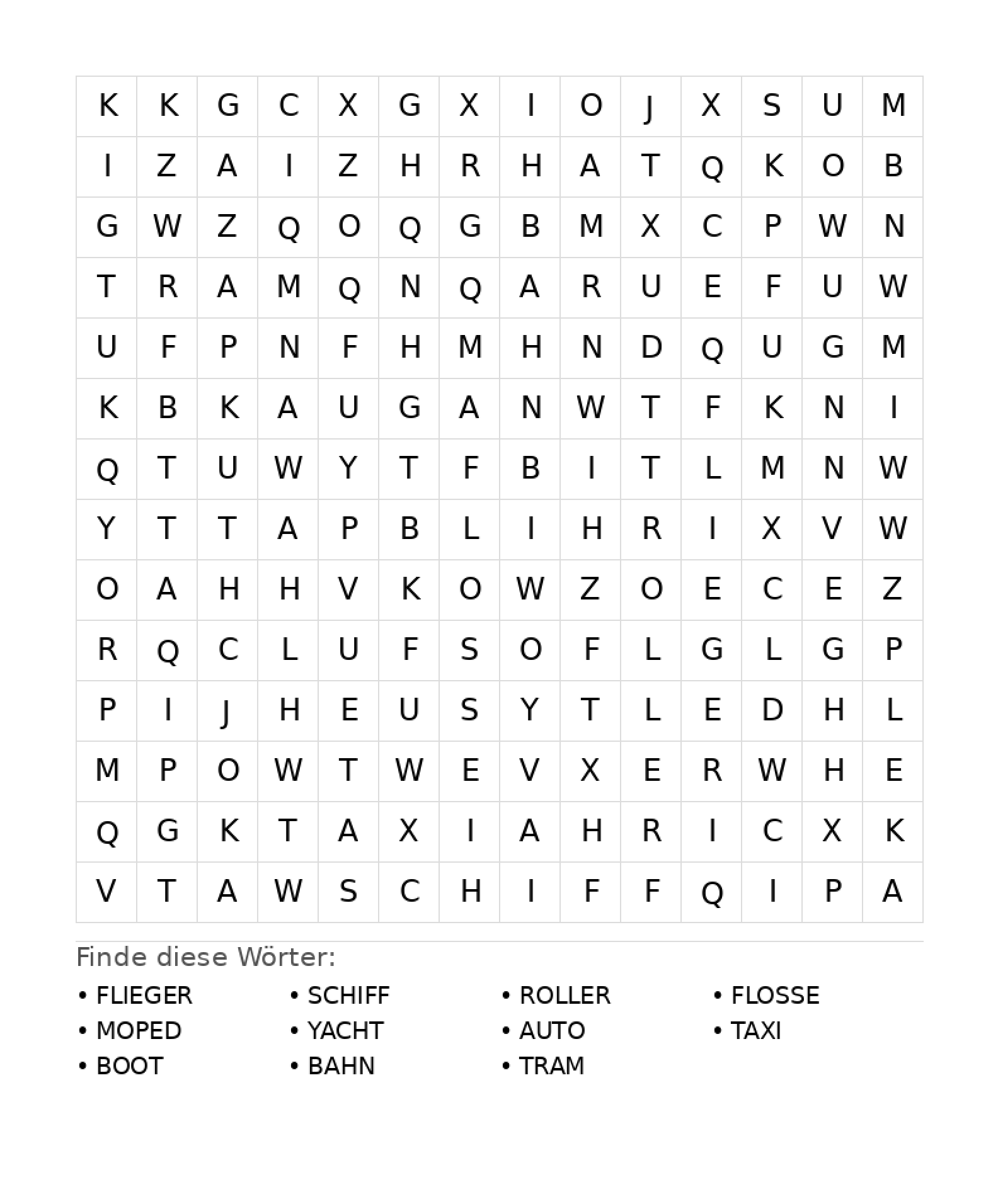 Wortsuchrätsel Wortsuchrätsel: Fahrzeuge für Teenager aus der Kategorie Wortsuchrätsel - kostenlos ausdrucken