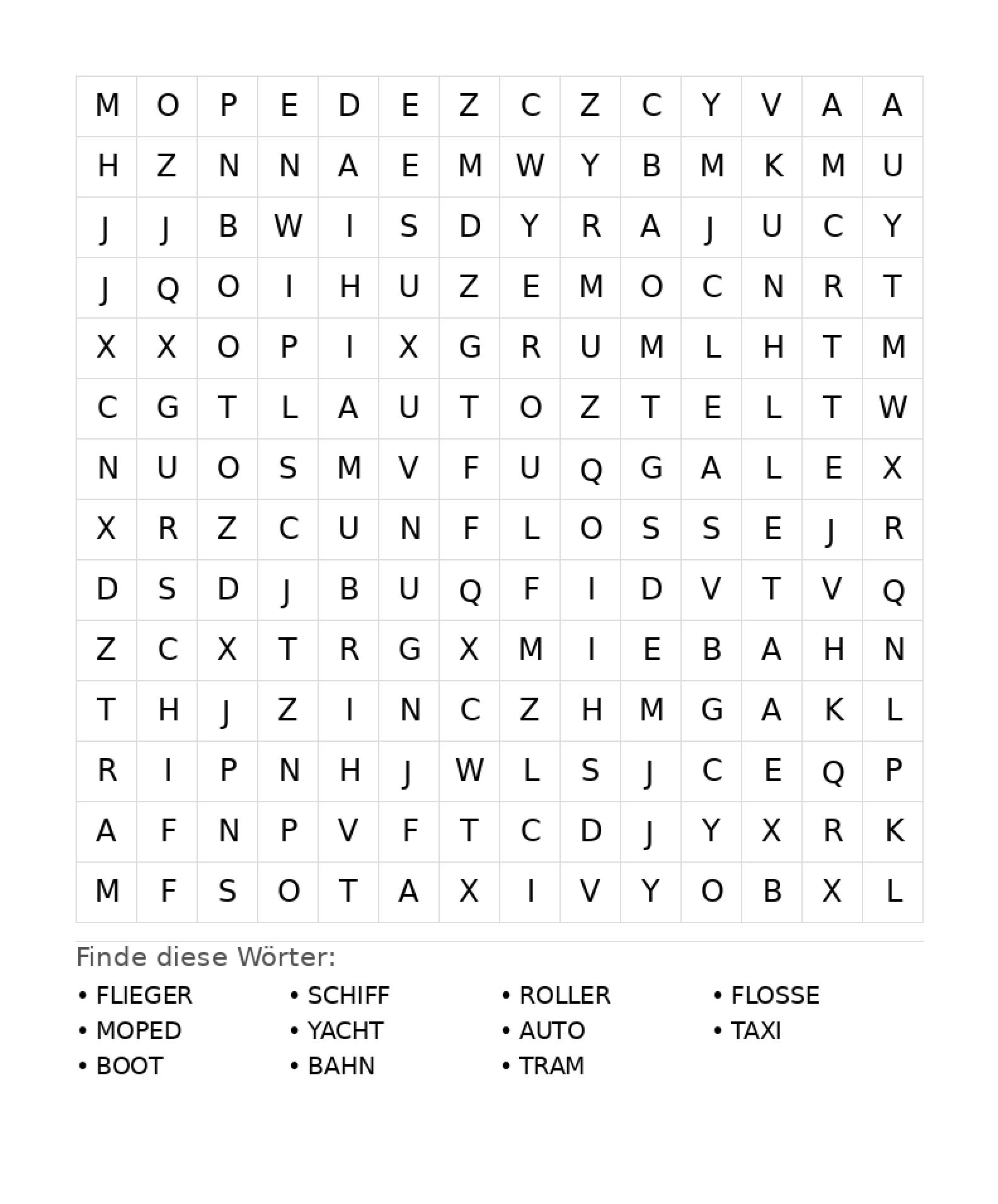 Wortsuchrätsel Wortsuchrätsel: Fahrzeuge für Teenager aus der Kategorie Wortsuchrätsel - kostenlos ausdrucken