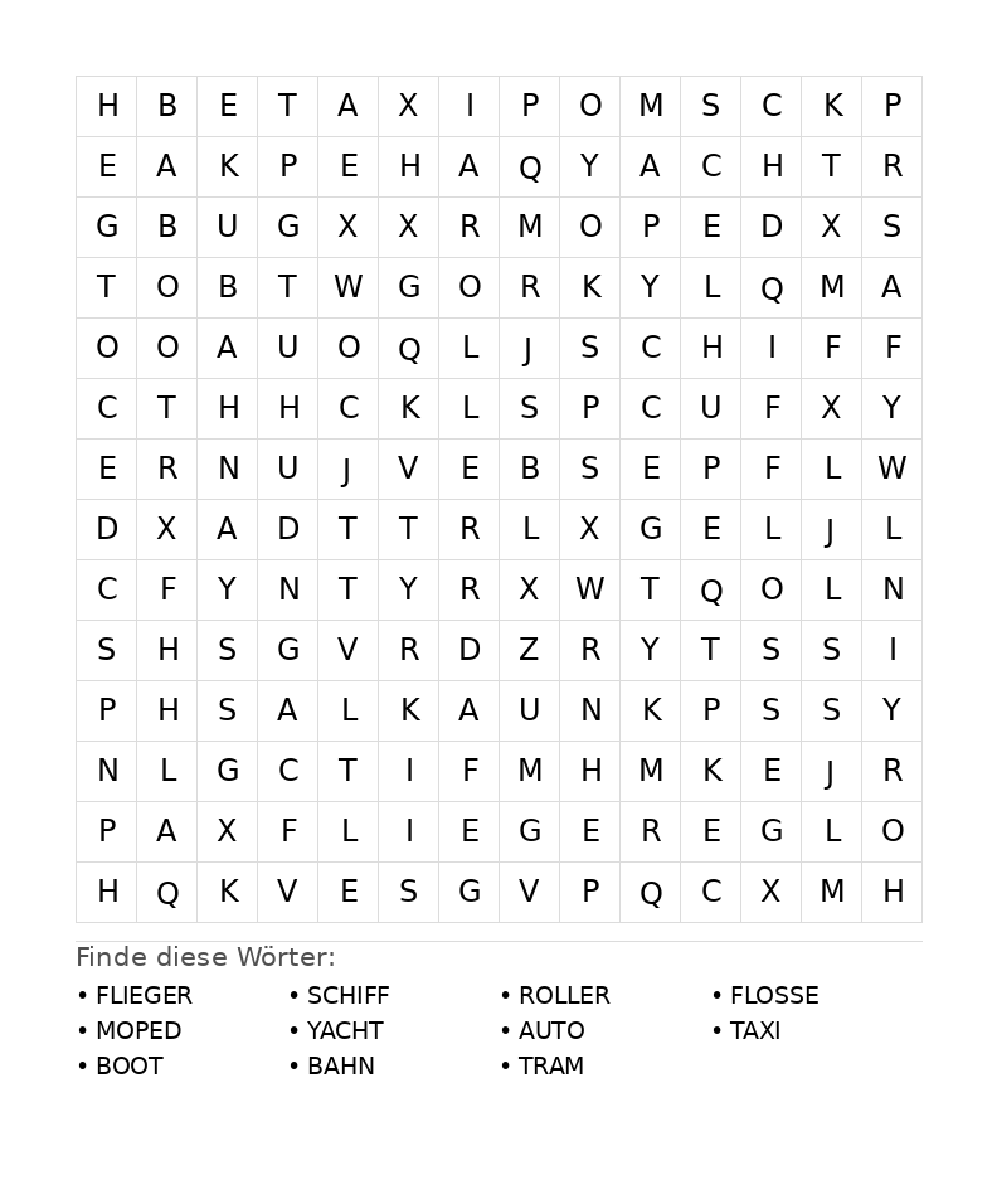 Wortsuchrätsel Wortsuchrätsel: Fahrzeuge für Teenager aus der Kategorie Wortsuchrätsel - kostenlos ausdrucken