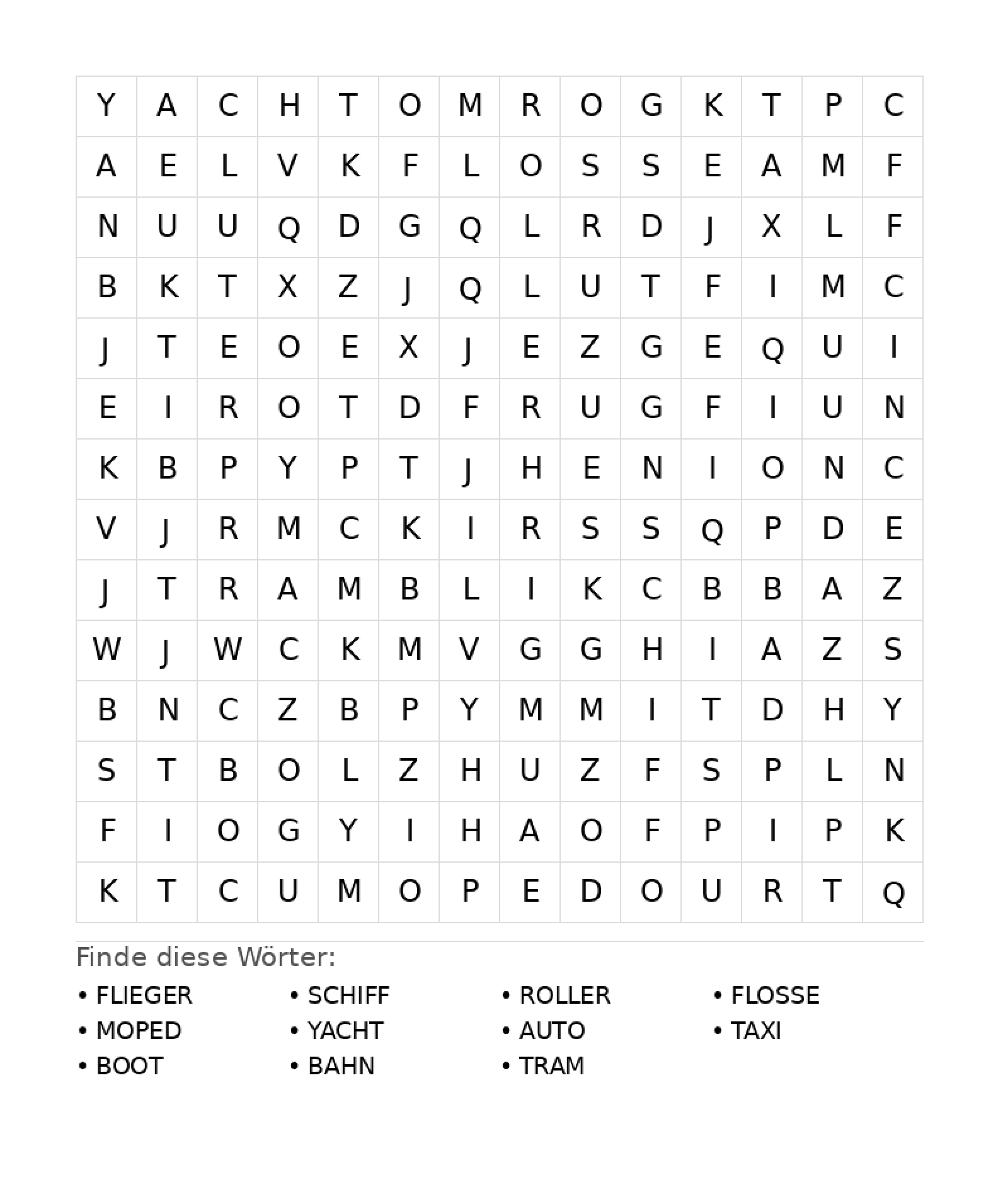 Wortsuchrätsel Wortsuchrätsel: Fahrzeuge für Teenager aus der Kategorie Wortsuchrätsel - kostenlos ausdrucken