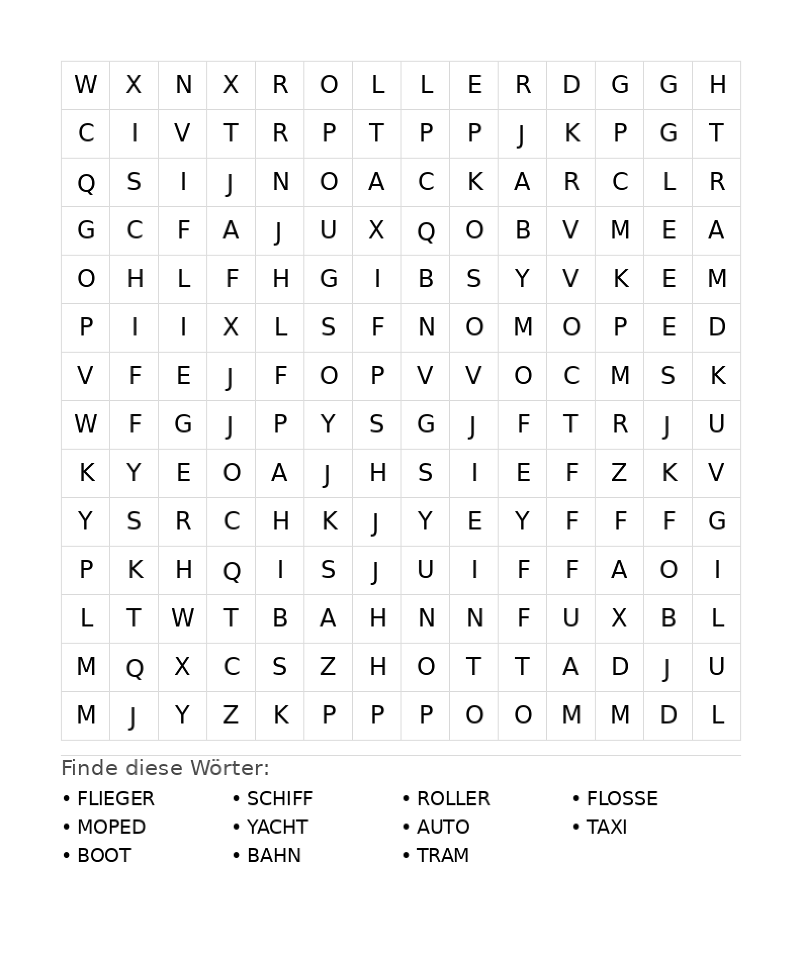 Wortsuchrätsel Wortsuchrätsel: Fahrzeuge für Teenager aus der Kategorie Wortsuchrätsel - kostenlos ausdrucken