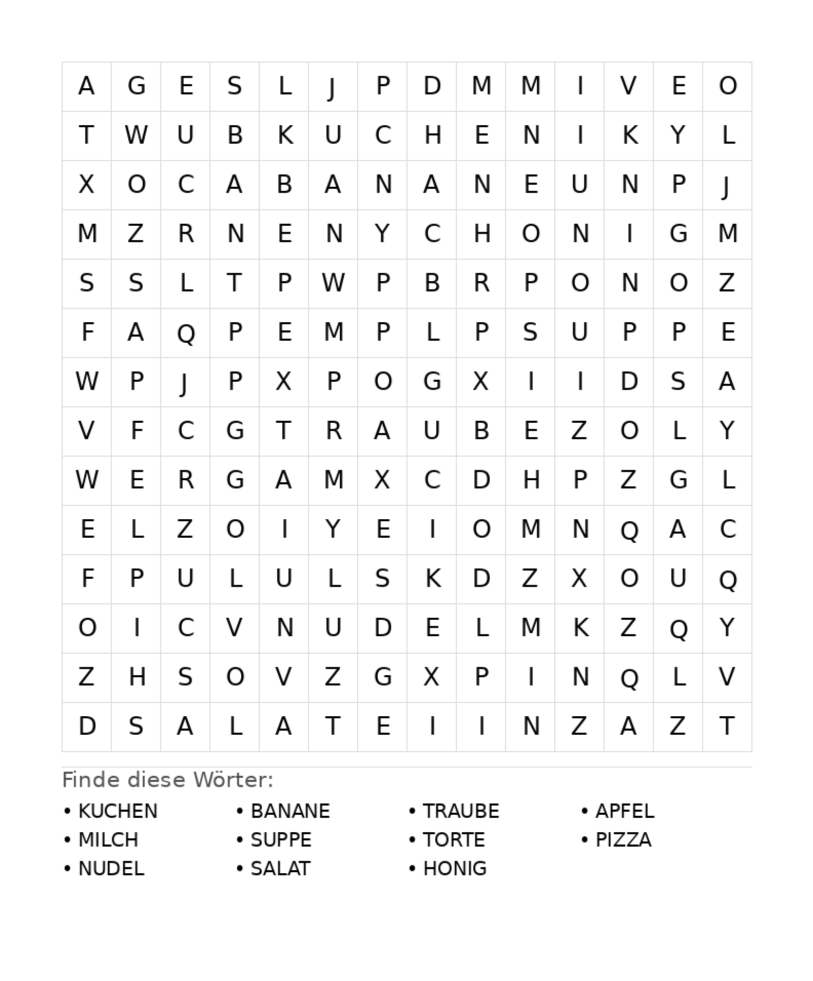Wortsuchrätsel Wortsuchrätsel: Essen für Teenager aus der Kategorie Wortsuchrätsel - kostenlos ausdrucken