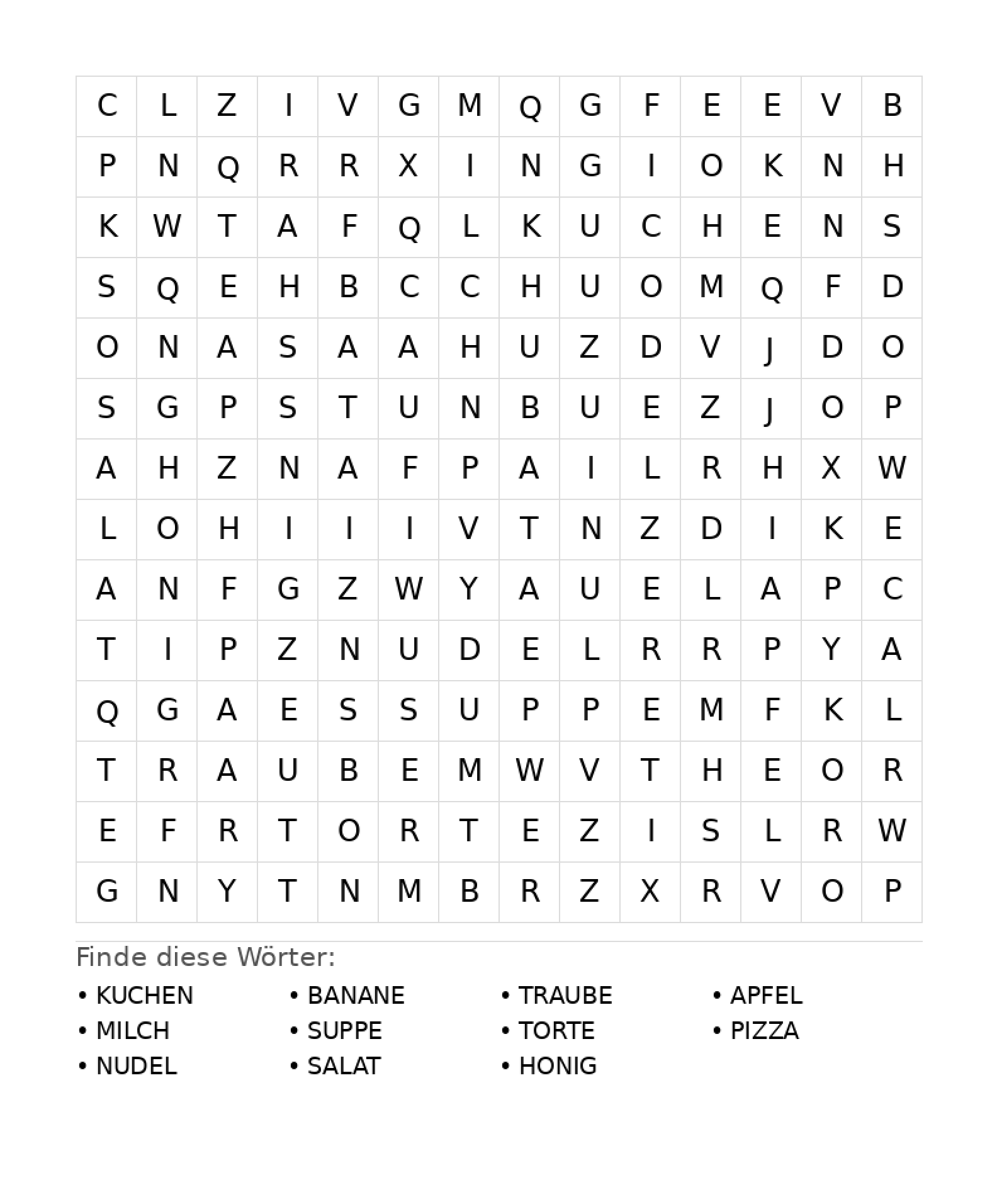 Wortsuchrätsel Wortsuchrätsel: Essen für Teenager aus der Kategorie Wortsuchrätsel - kostenlos ausdrucken