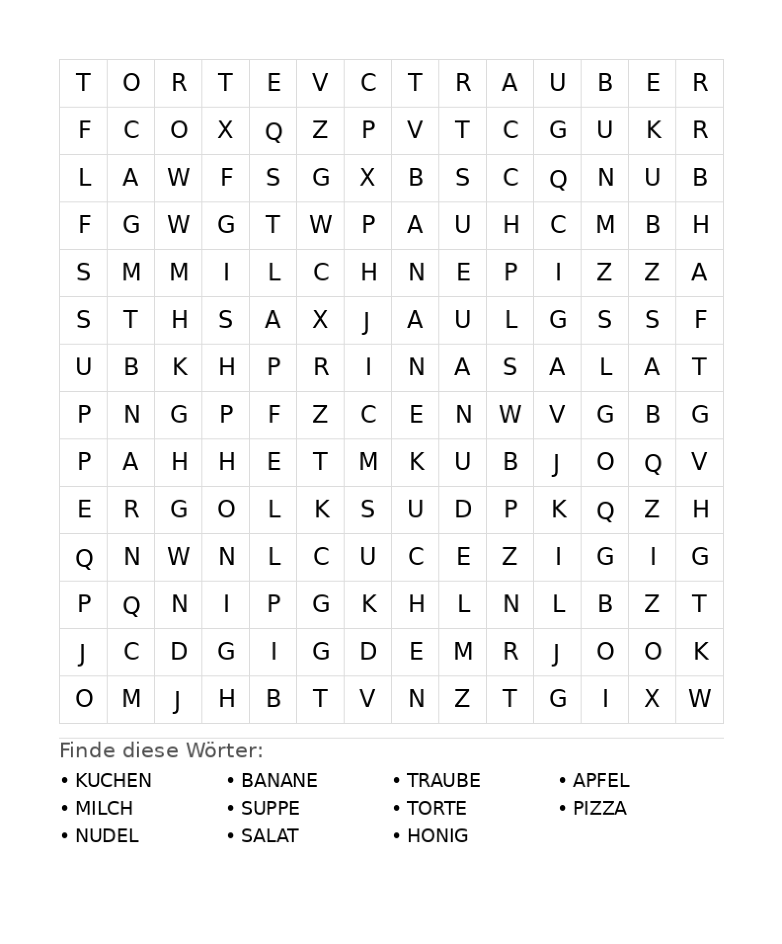 Wortsuchrätsel Wortsuchrätsel: Essen für Teenager aus der Kategorie Wortsuchrätsel - kostenlos ausdrucken