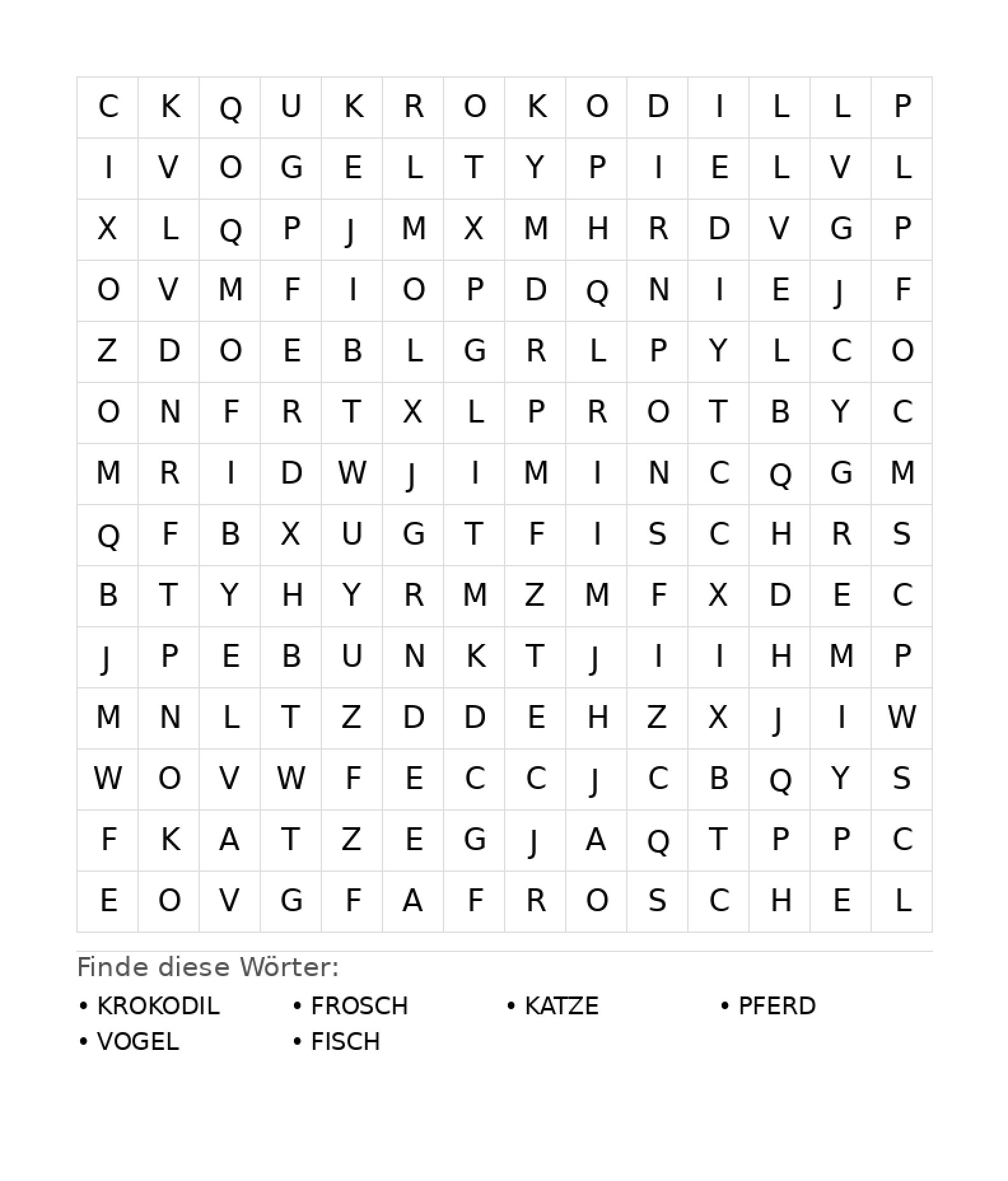 Wortsuchrätsel Wortsuchrätsel: Tiere für Teenager aus der Kategorie Wortsuchrätsel - kostenlos ausdrucken