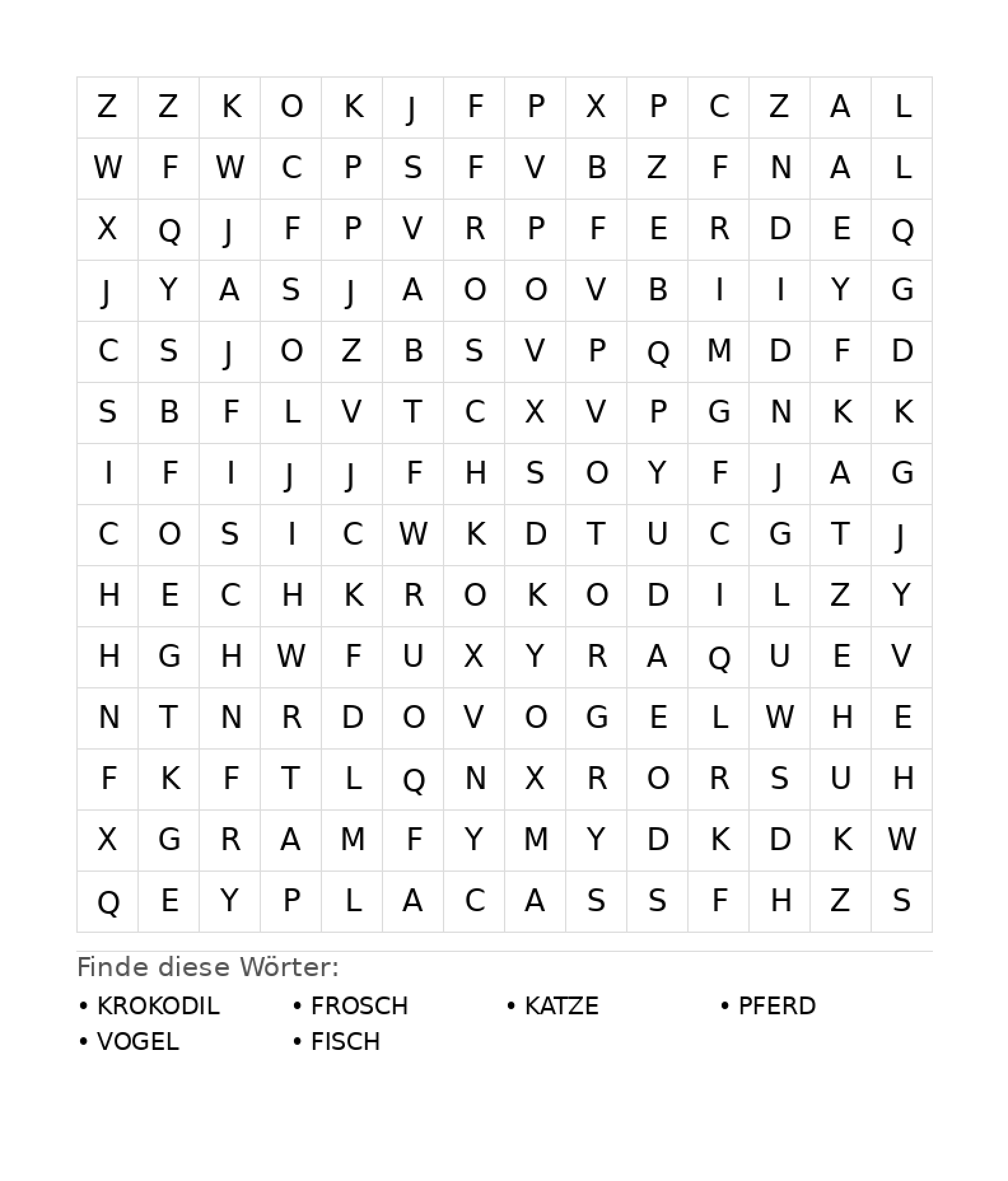 Wortsuchrätsel Wortsuchrätsel: Tiere für Teenager aus der Kategorie Wortsuchrätsel - kostenlos ausdrucken