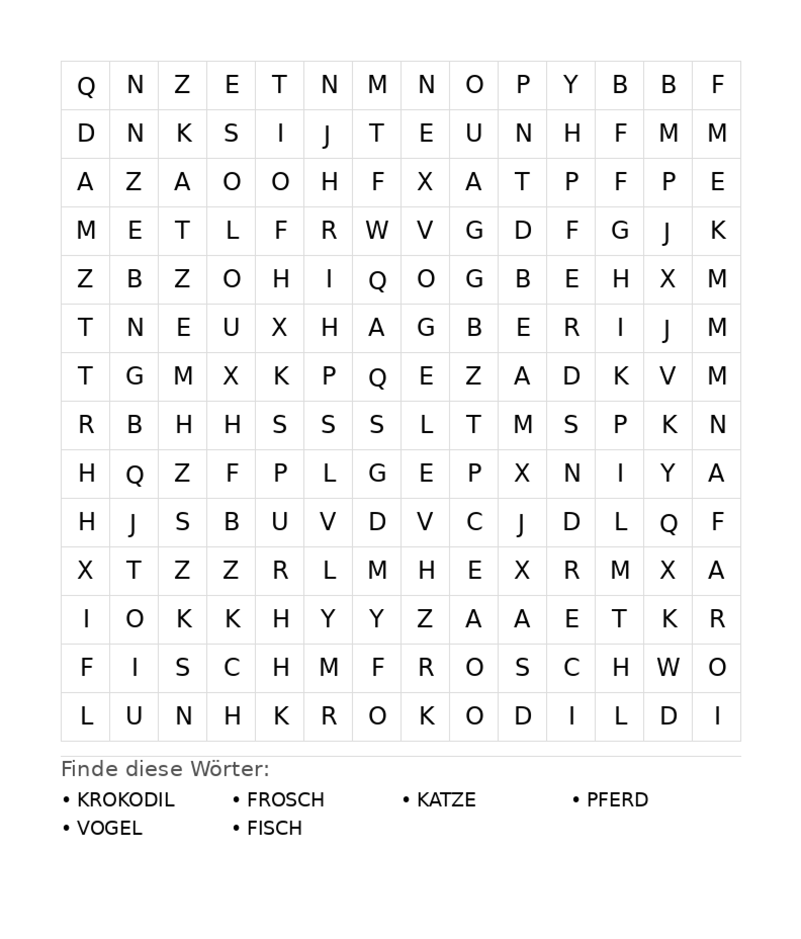 Wortsuchrätsel Wortsuchrätsel: Tiere für Teenager aus der Kategorie Wortsuchrätsel - kostenlos ausdrucken