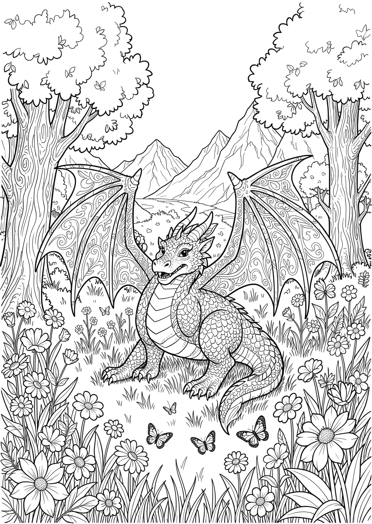 Ausmalbild Freundlicher Drache spielt auf einer Blumenwiese - Ausmalbild aus der Kategorie Tiere - kostenlos ausdrucken