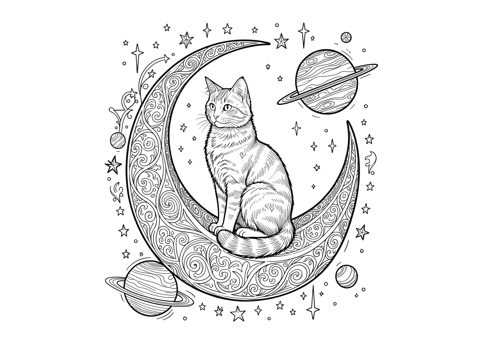 Ausmalbild Katze sitzt auf dem Mond und schaut die Sterne an - Ausmalbild aus der Kategorie Tiere - kostenlos ausdrucken