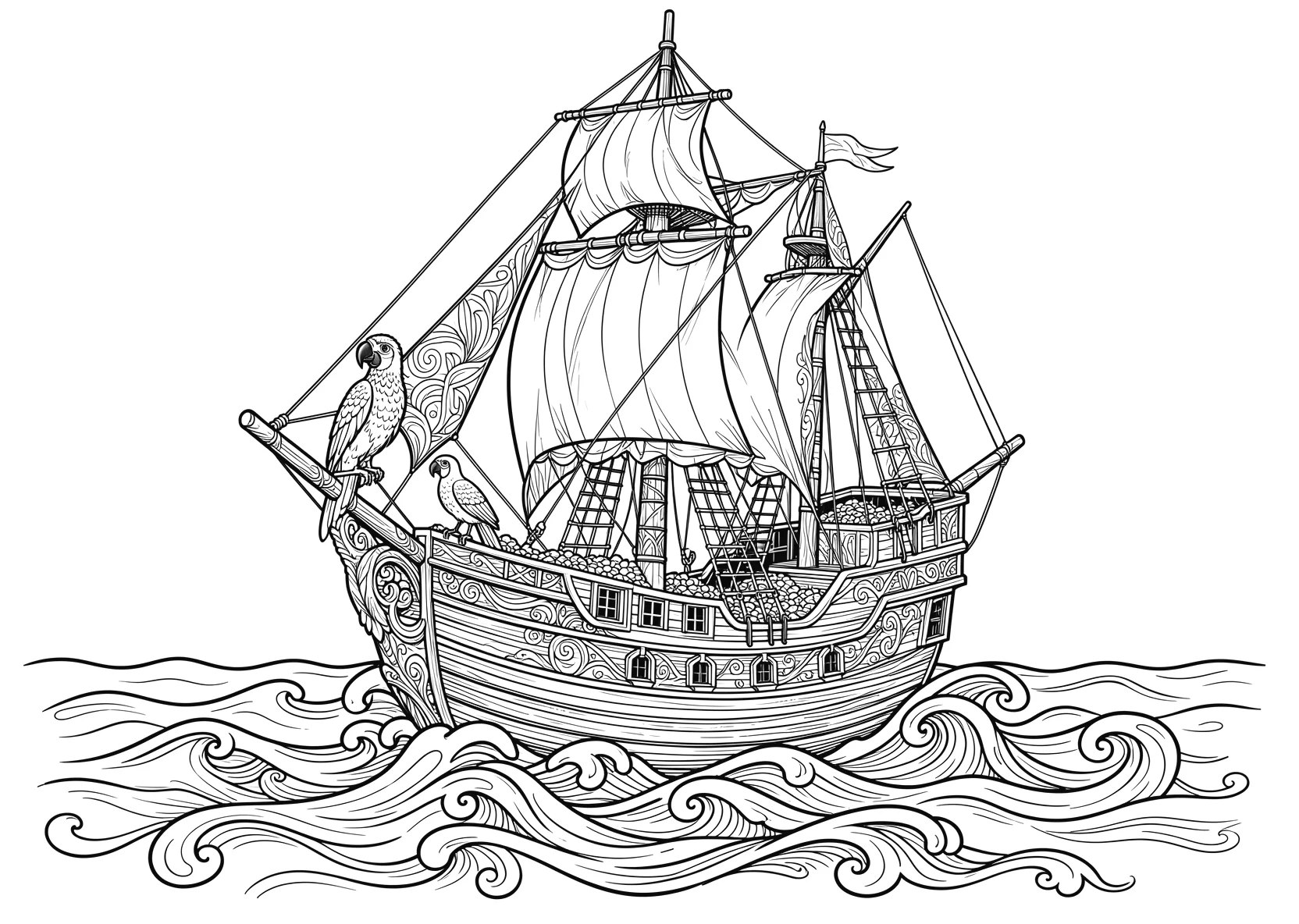 Ausmalbild Piratenschiff auf hoher See mit Papagei - Ausmalbild aus der Kategorie Maerchen - kostenlos ausdrucken