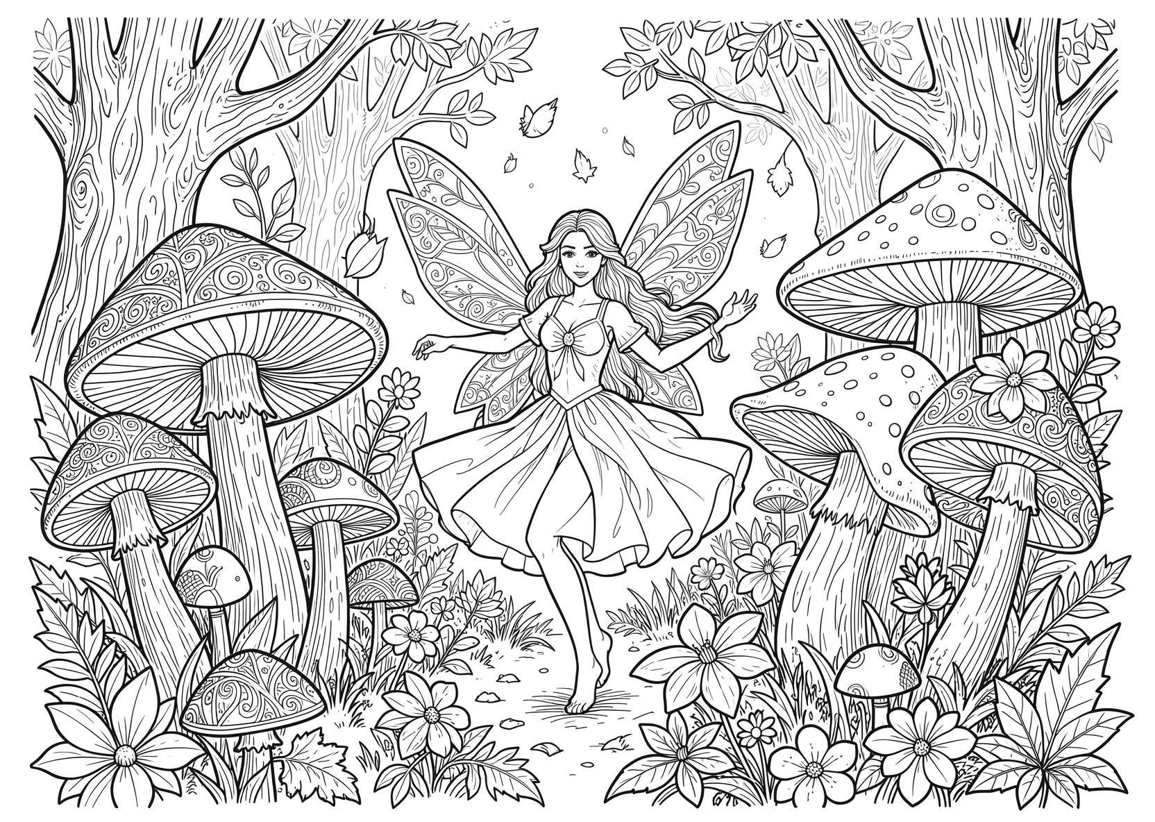 Ausmalbild Fee tanzt zwischen großen Pilzen im Wald mit - Ausmalbild aus der Kategorie Maerchen - kostenlos ausdrucken
