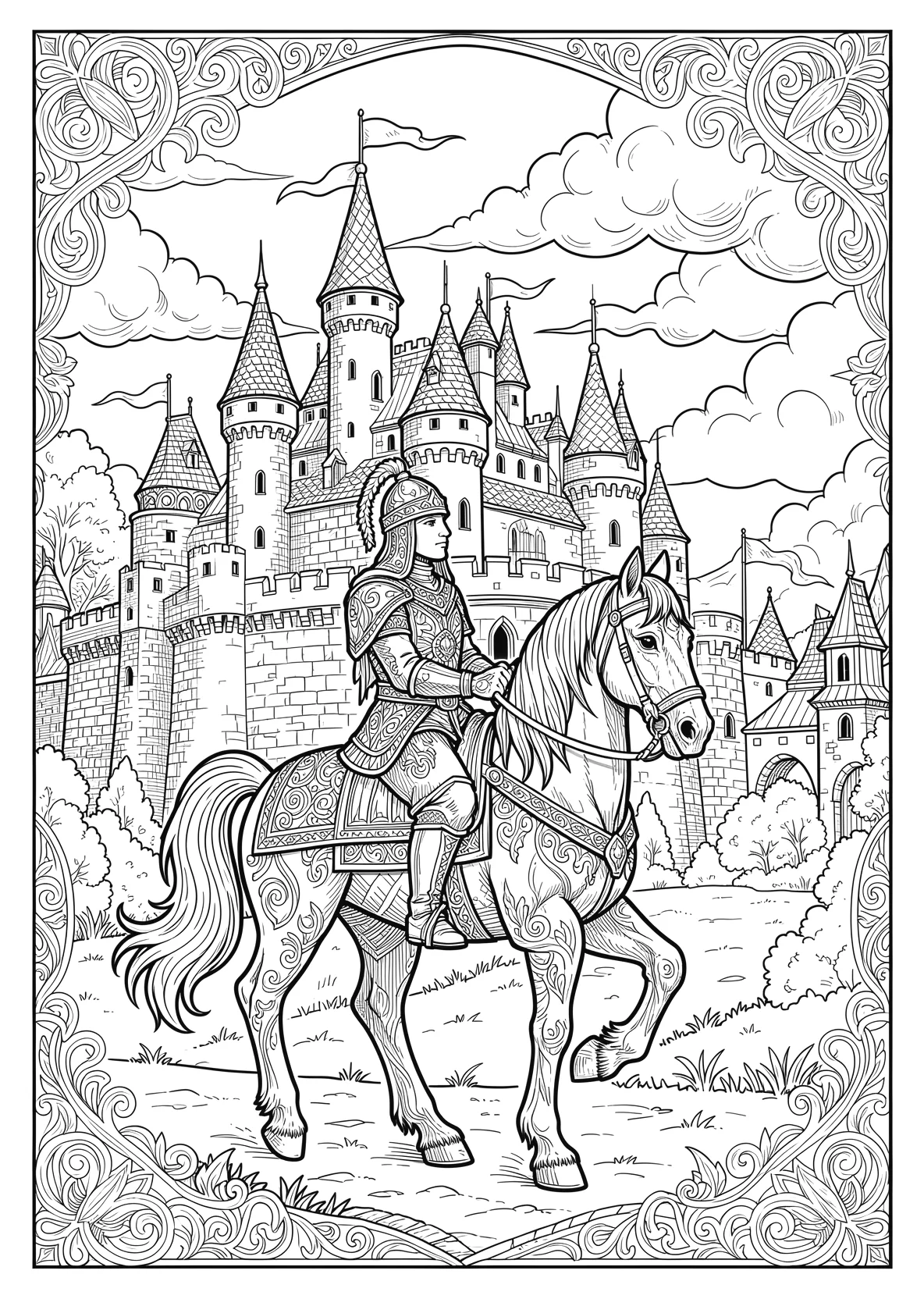 Ausmalbild Ritter auf einem Pferd vor einer großen Burg mit - Ausmalbild aus der Kategorie Maerchen - kostenlos ausdrucken