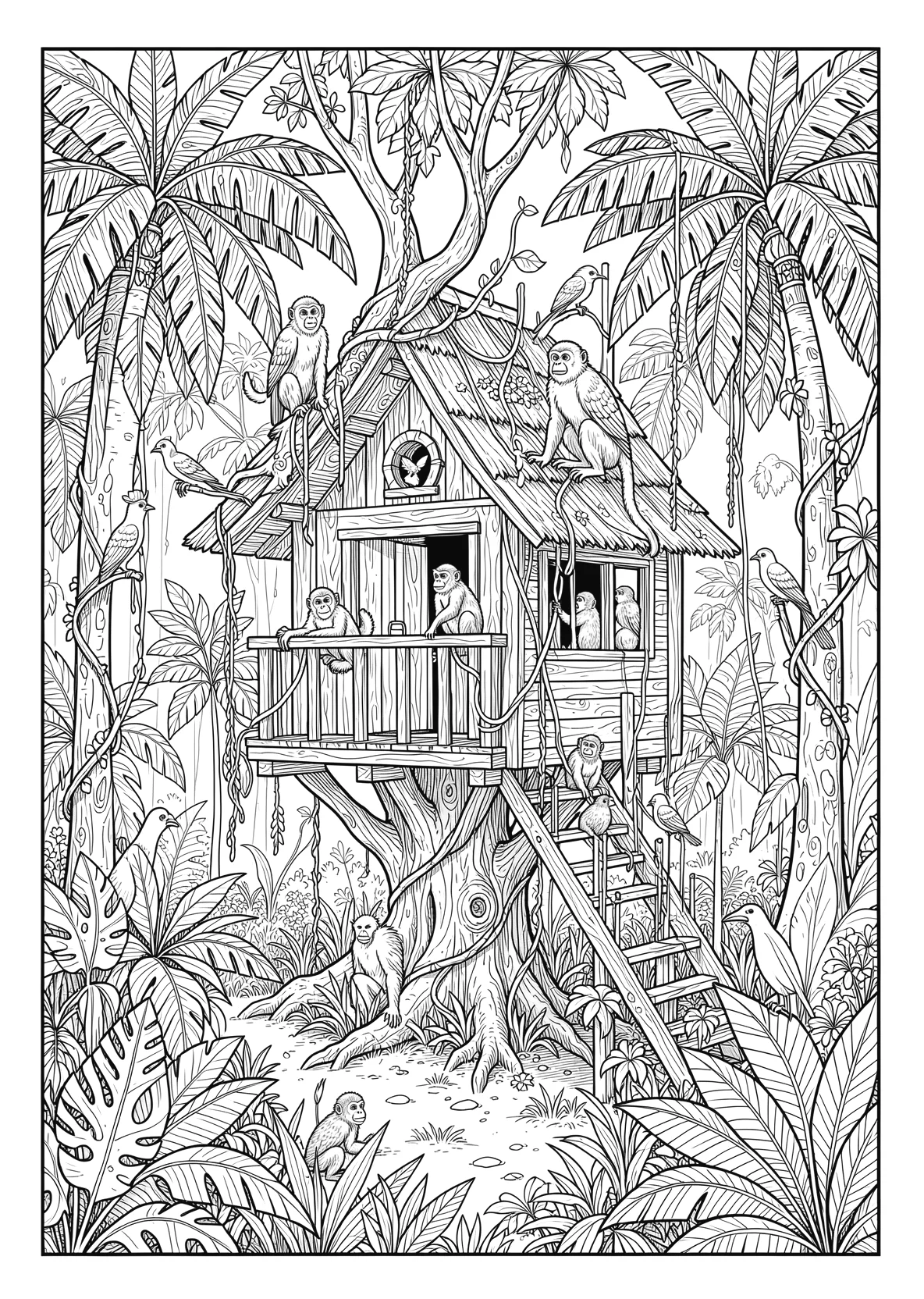 Ausmalbild Baumhaus im Dschungel mit Affen - Ausmalbild aus der Kategorie Tiere - kostenlos ausdrucken