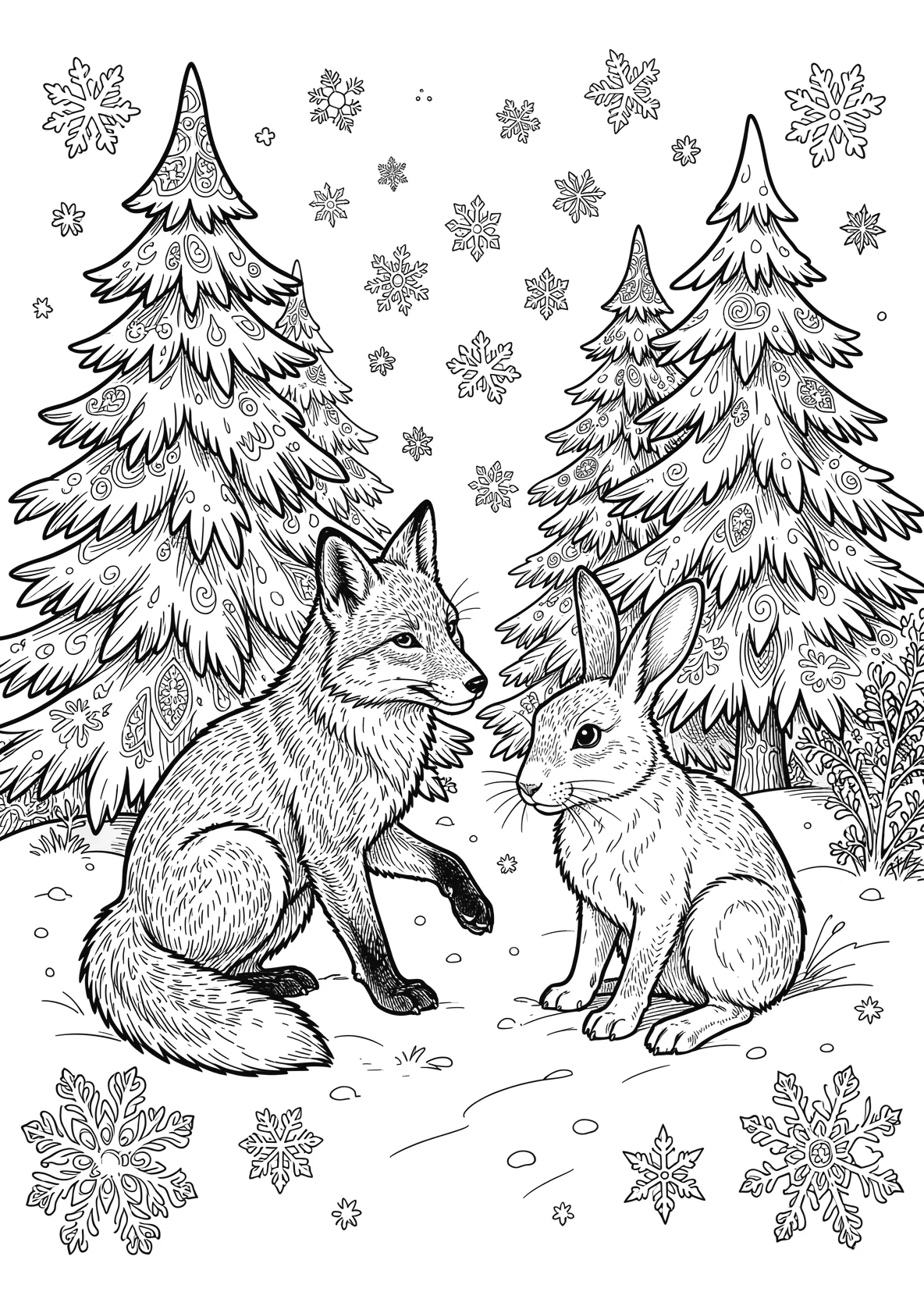 Ausmalbild Fuchs und ein Hase spielen zusammen im Schnee mit - Ausmalbild aus der Kategorie Tiere - kostenlos ausdrucken