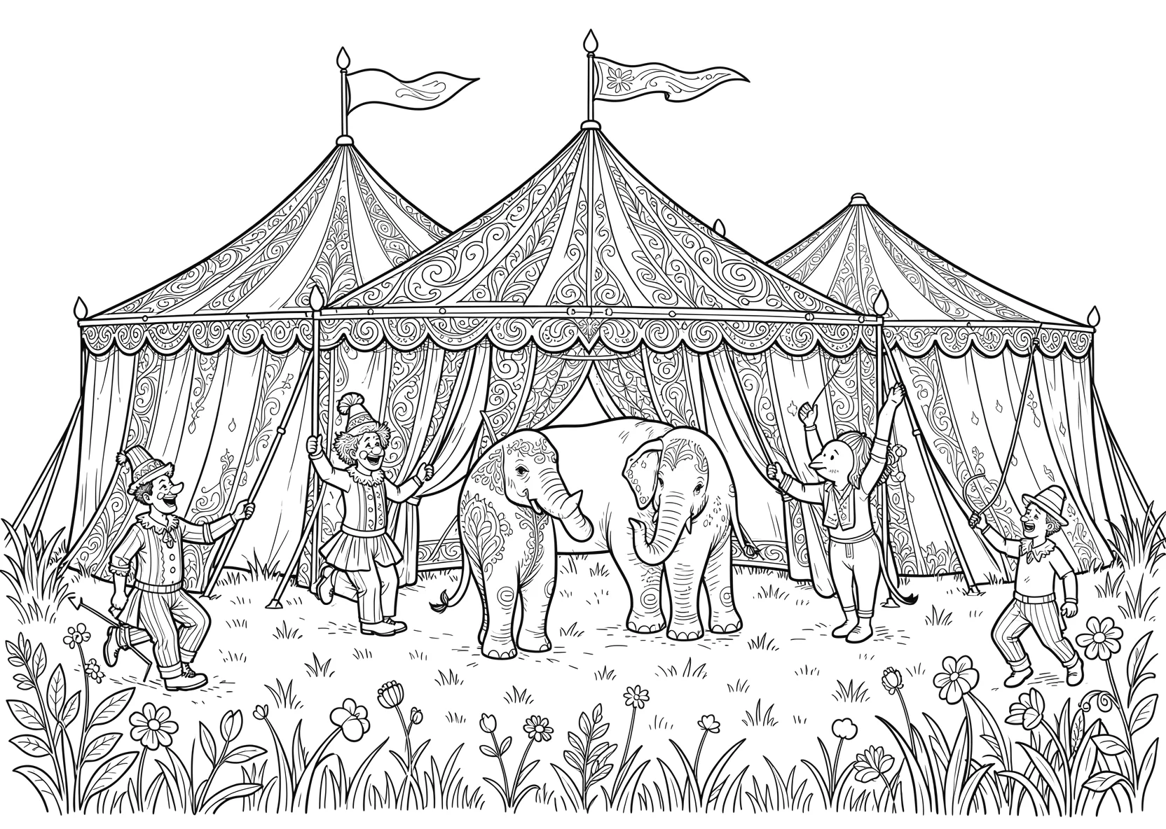 Ausmalbild Zirkuszelt mit Clown - Ausmalbild aus der Kategorie Tiere - kostenlos ausdrucken