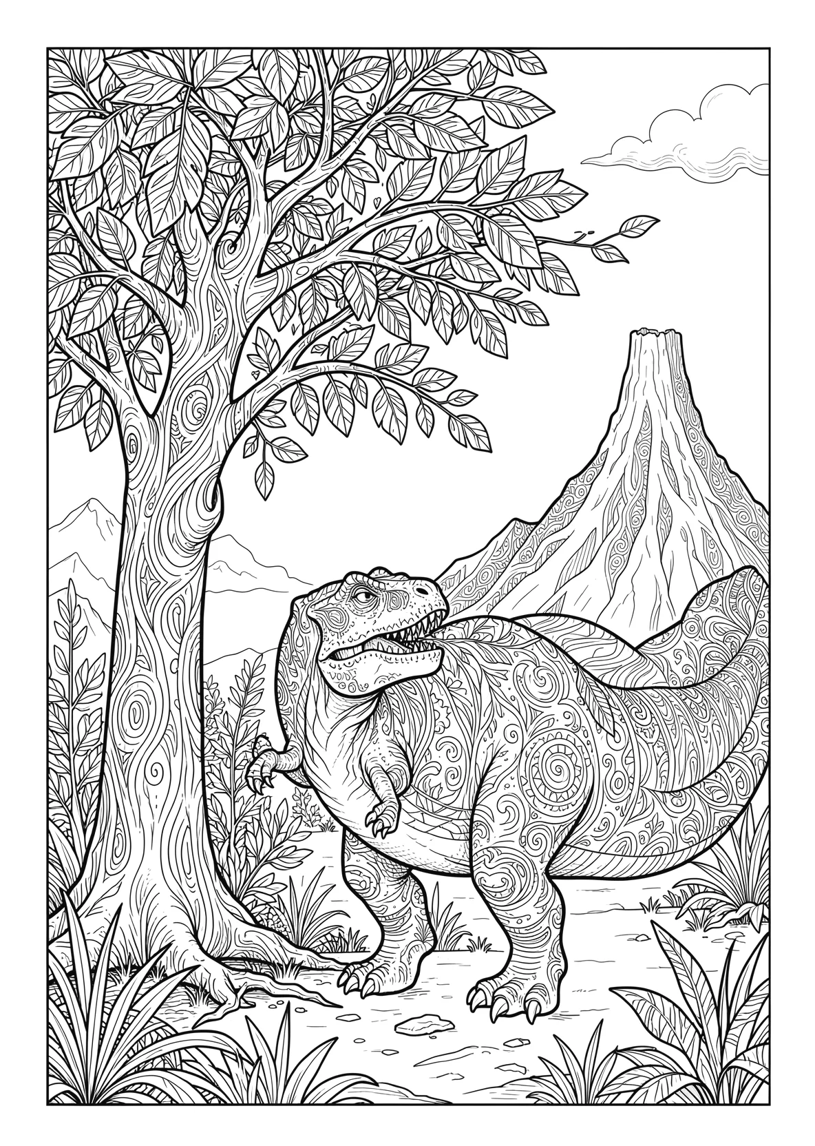 Ausmalbild Dinosaurier frisst Blätter von einem hohen Baum - Ausmalbild aus der Kategorie Tiere - kostenlos ausdrucken