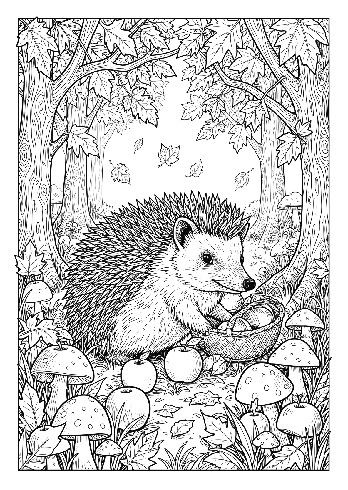 Ausmalbild Igel sammelt Äpfel im Herbstwald mit fallenden - Ausmalbild aus der Kategorie Natur - kostenlos ausdrucken