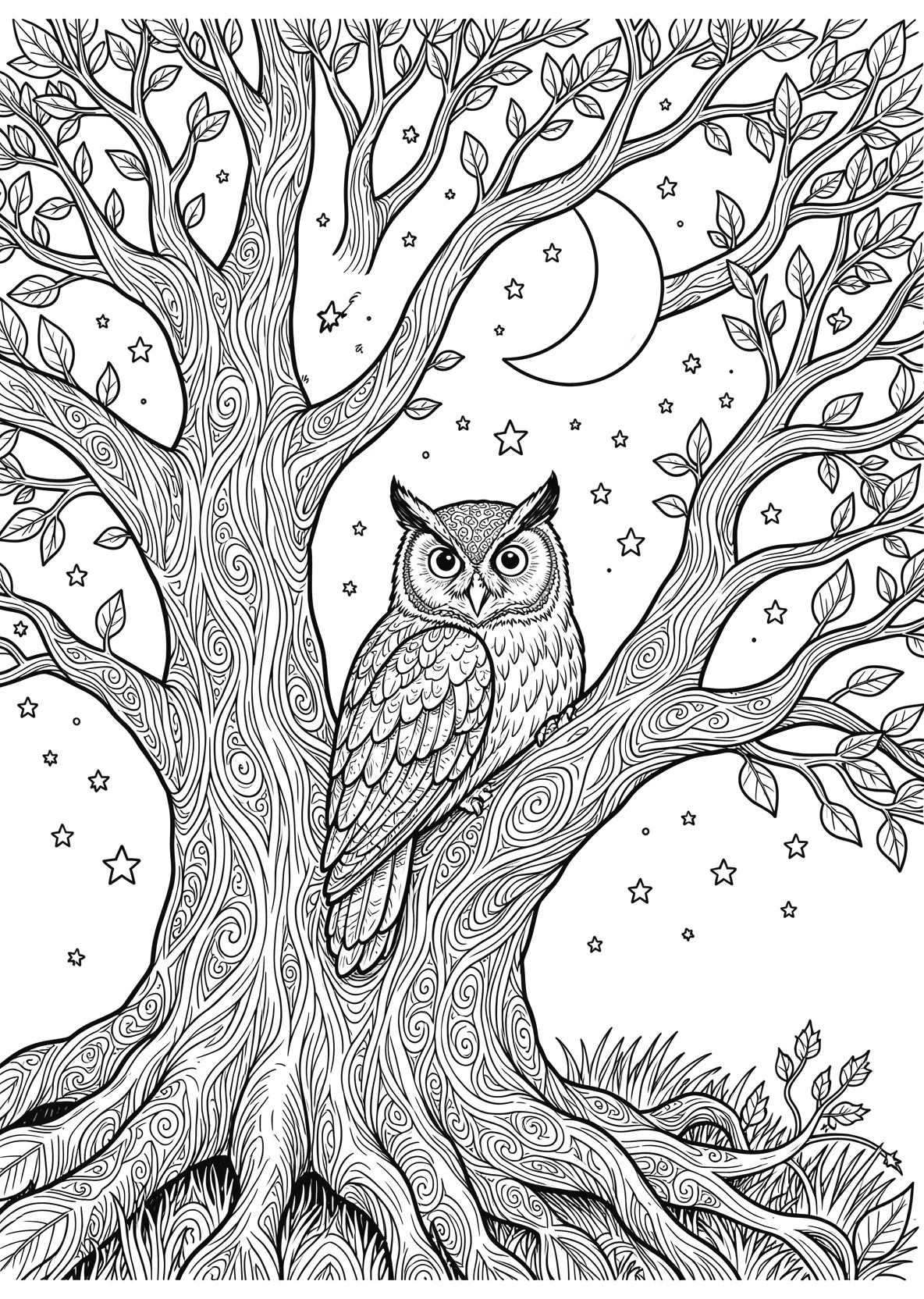 Ausmalbild Eule sitzt in einer alten Eiche bei Nacht mit Mond - Ausmalbild aus der Kategorie Tiere - kostenlos ausdrucken