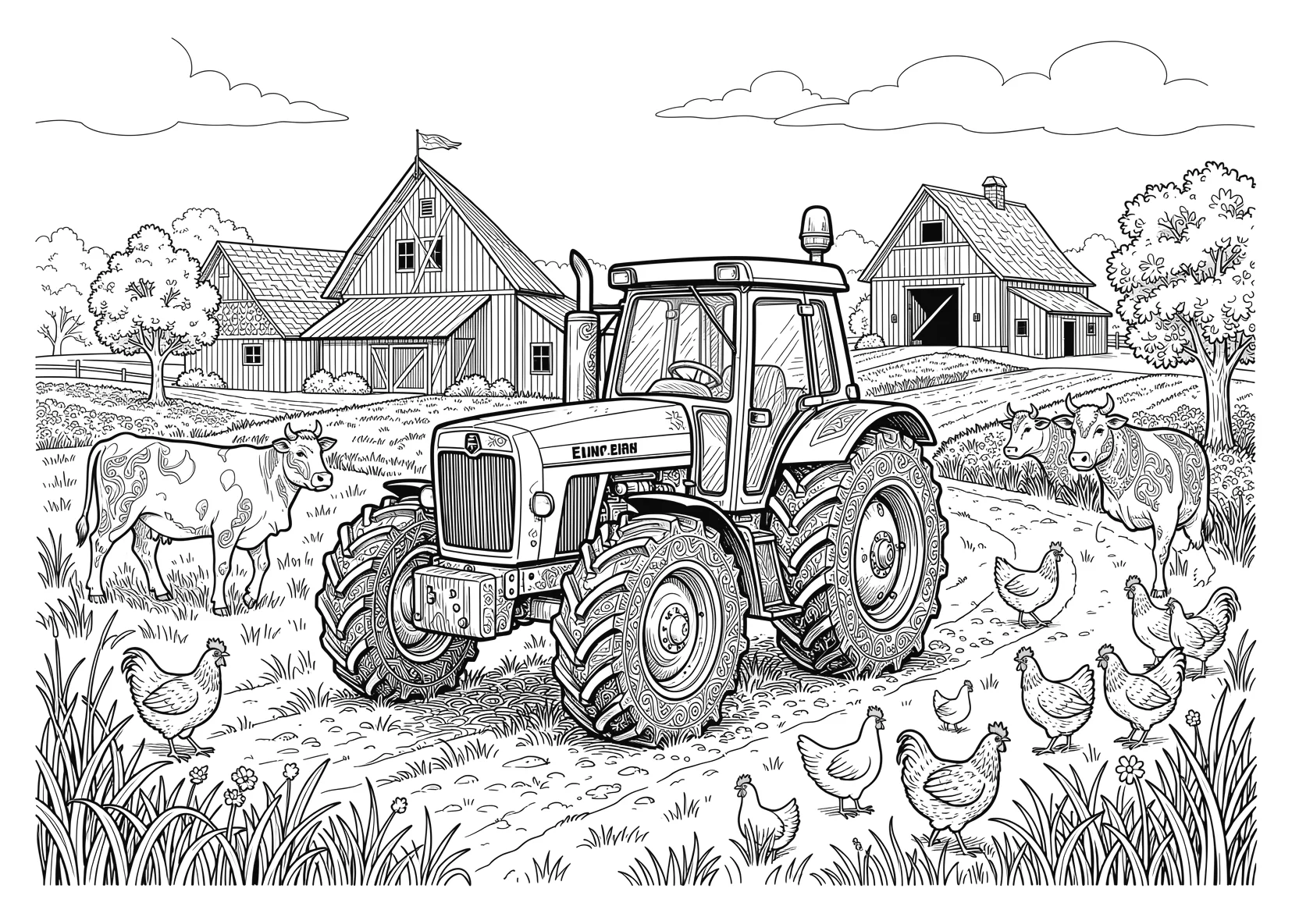 Ausmalbild Traktor auf einem Bauernhof mit Kühen - Ausmalbild aus der Kategorie Tiere - kostenlos ausdrucken