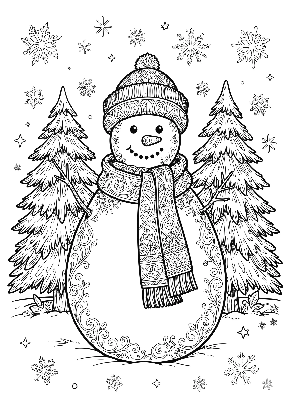 Ausmalbild Schneemann mit Schal - Ausmalbild aus der Kategorie Natur - kostenlos ausdrucken