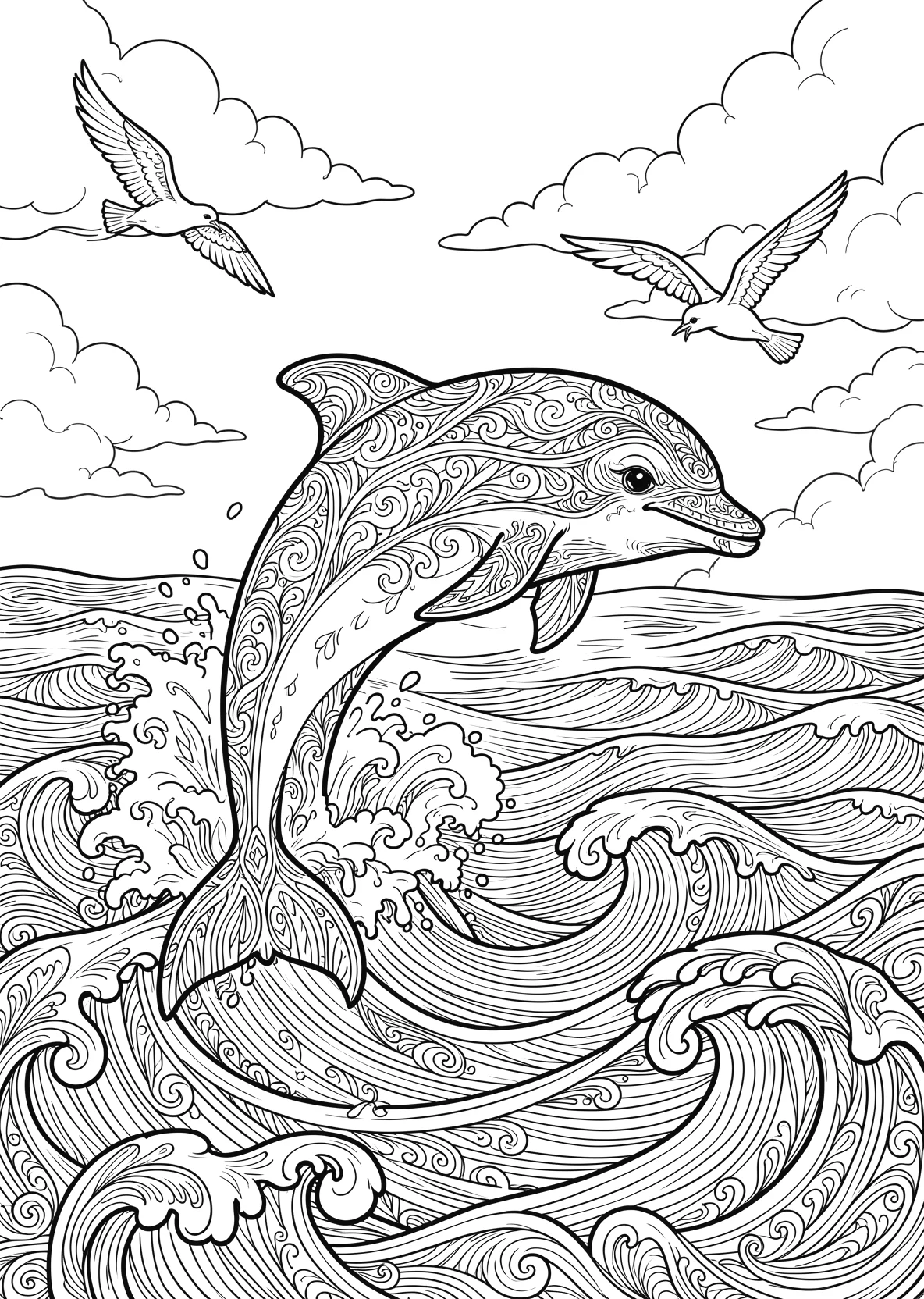 Ausmalbild Delfin springt über Wellen im Meer mit Möwen - Ausmalbild aus der Kategorie Tiere - kostenlos ausdrucken