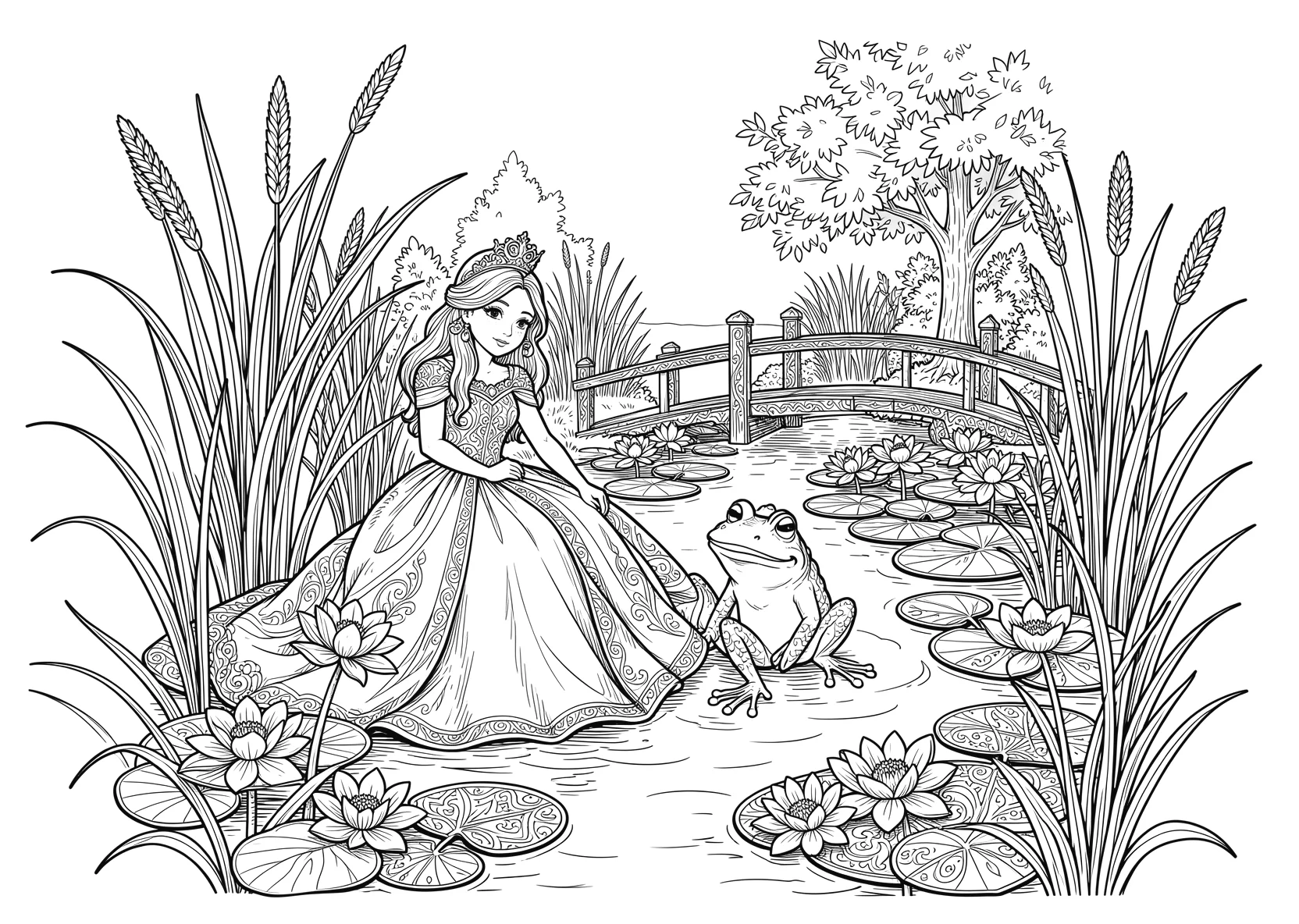 Ausmalbild Prinzessin und ein Frosch sitzen am Teich mit - Ausmalbild aus der Kategorie Maerchen - kostenlos ausdrucken