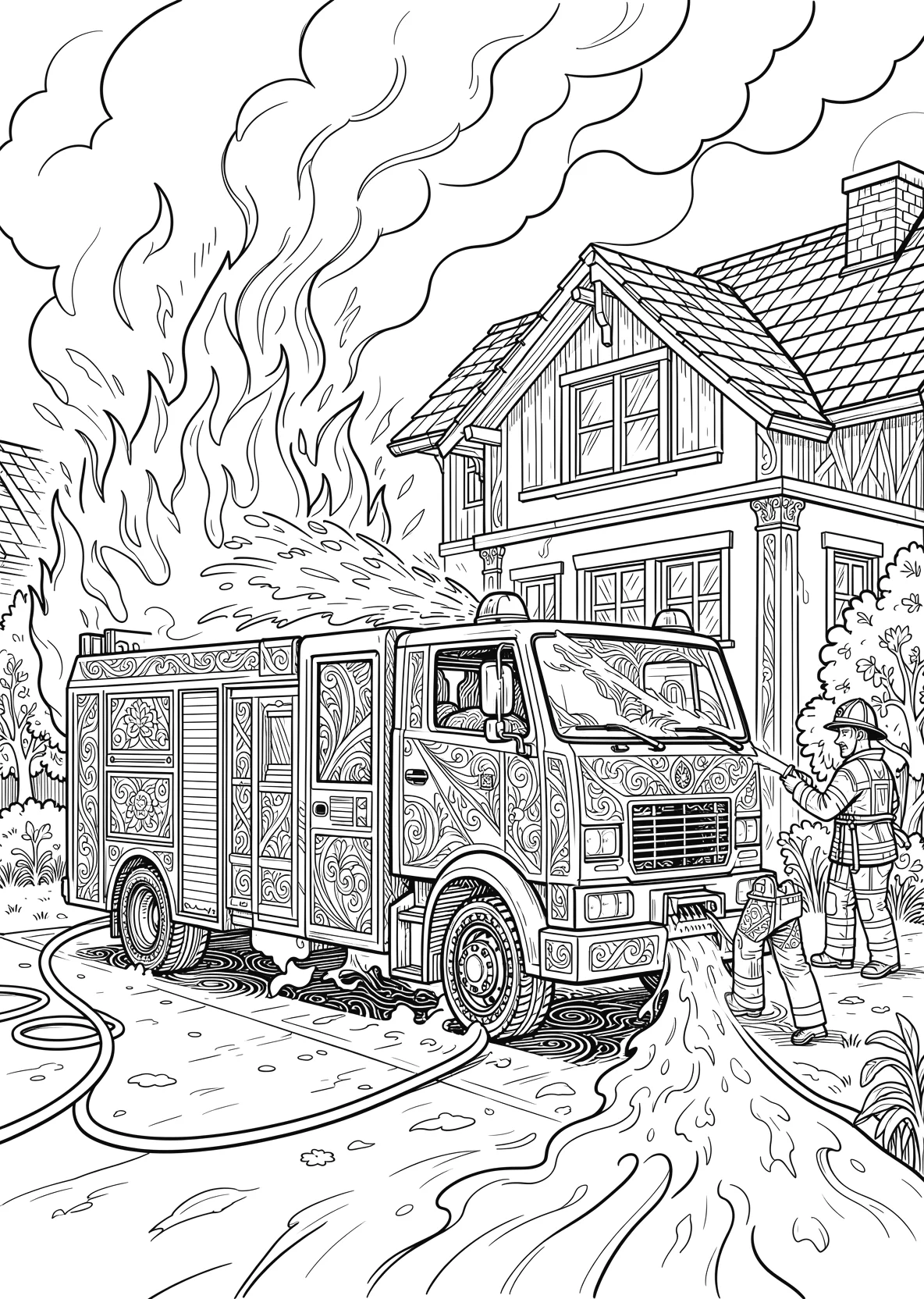 Ausmalbild Feuerwehrauto mit Feuerwehrmann löscht ein Feuer - Ausmalbild aus der Kategorie Fahrzeuge - kostenlos ausdrucken