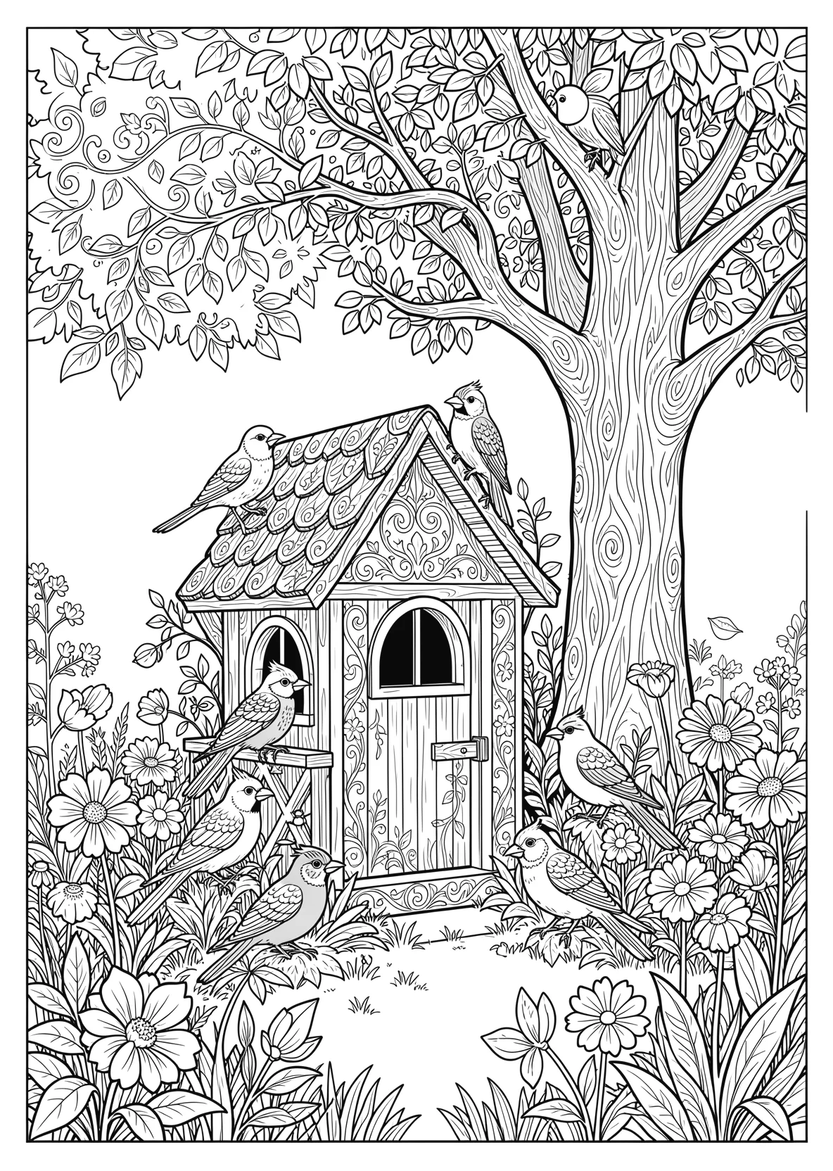 Ausmalbild Vogelhäuschen im Garten mit bunten Vögeln - Ausmalbild aus der Kategorie Natur - kostenlos ausdrucken