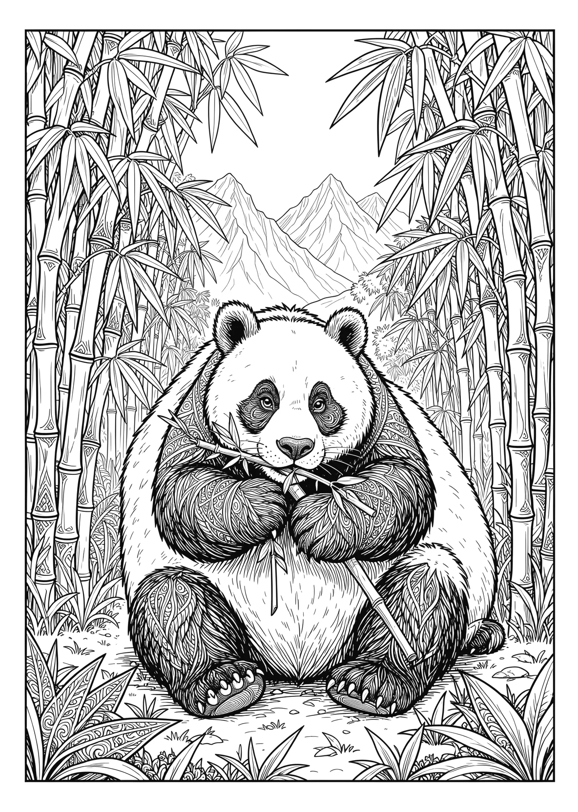 Ausmalbild Pandabär frisst Bambus im Bambuswald mit Bergen - Ausmalbild aus der Kategorie Tiere - kostenlos ausdrucken