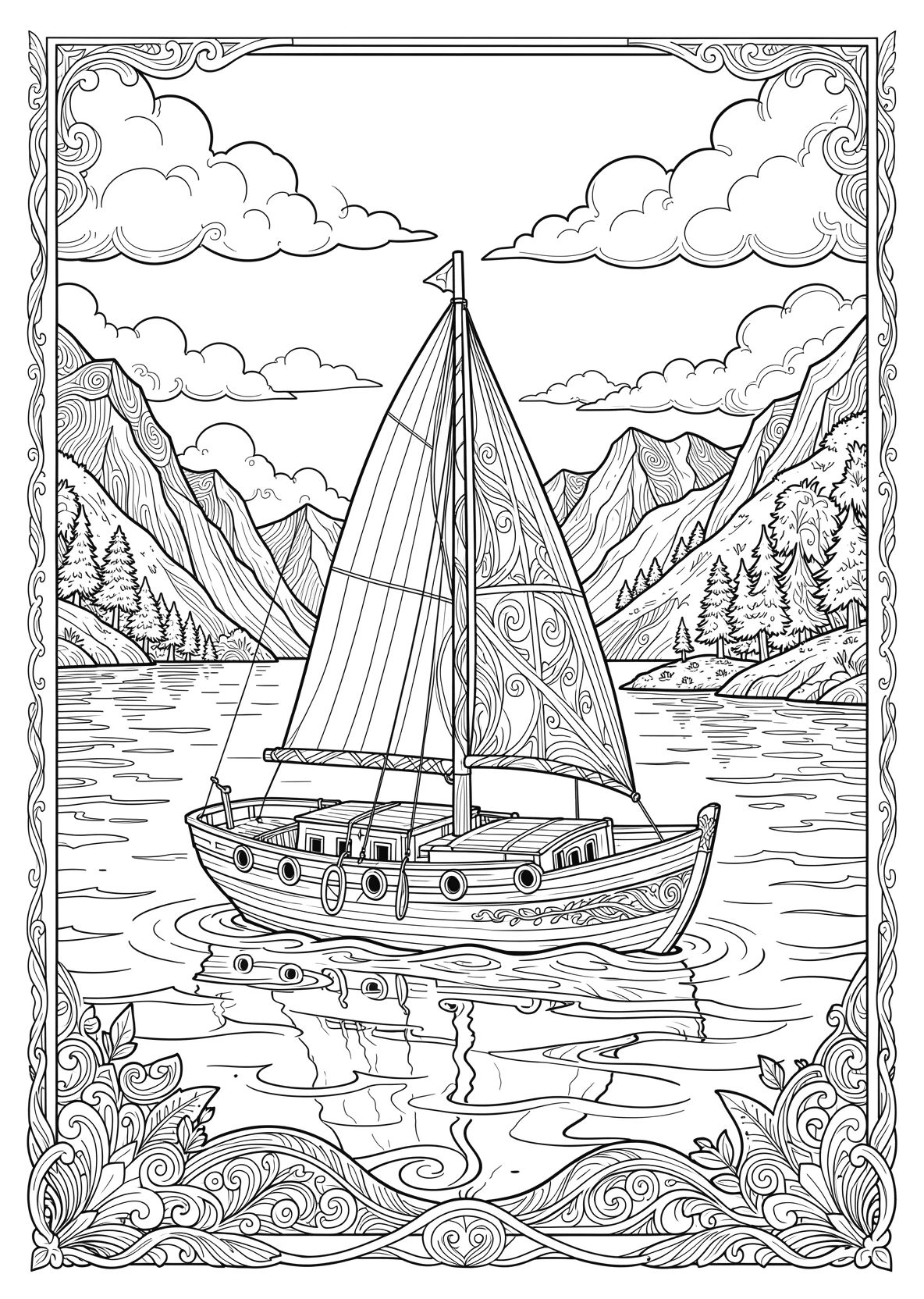 Ausmalbild Segelboot auf einem ruhigen See mit Bergen - Ausmalbild aus der Kategorie Natur - kostenlos ausdrucken