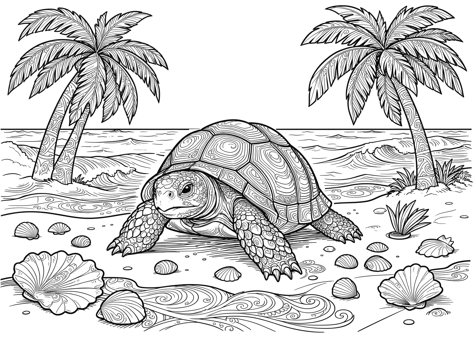 Ausmalbild Schildkröte am Strand mit Muscheln - Ausmalbild aus der Kategorie Tiere - kostenlos ausdrucken