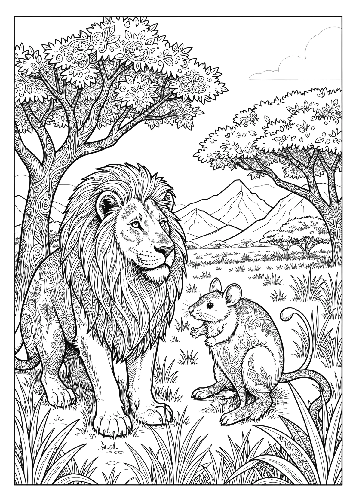 Ausmalbild Löwe und eine Maus als Freunde in - Ausmalbild aus der Kategorie Tiere - kostenlos ausdrucken