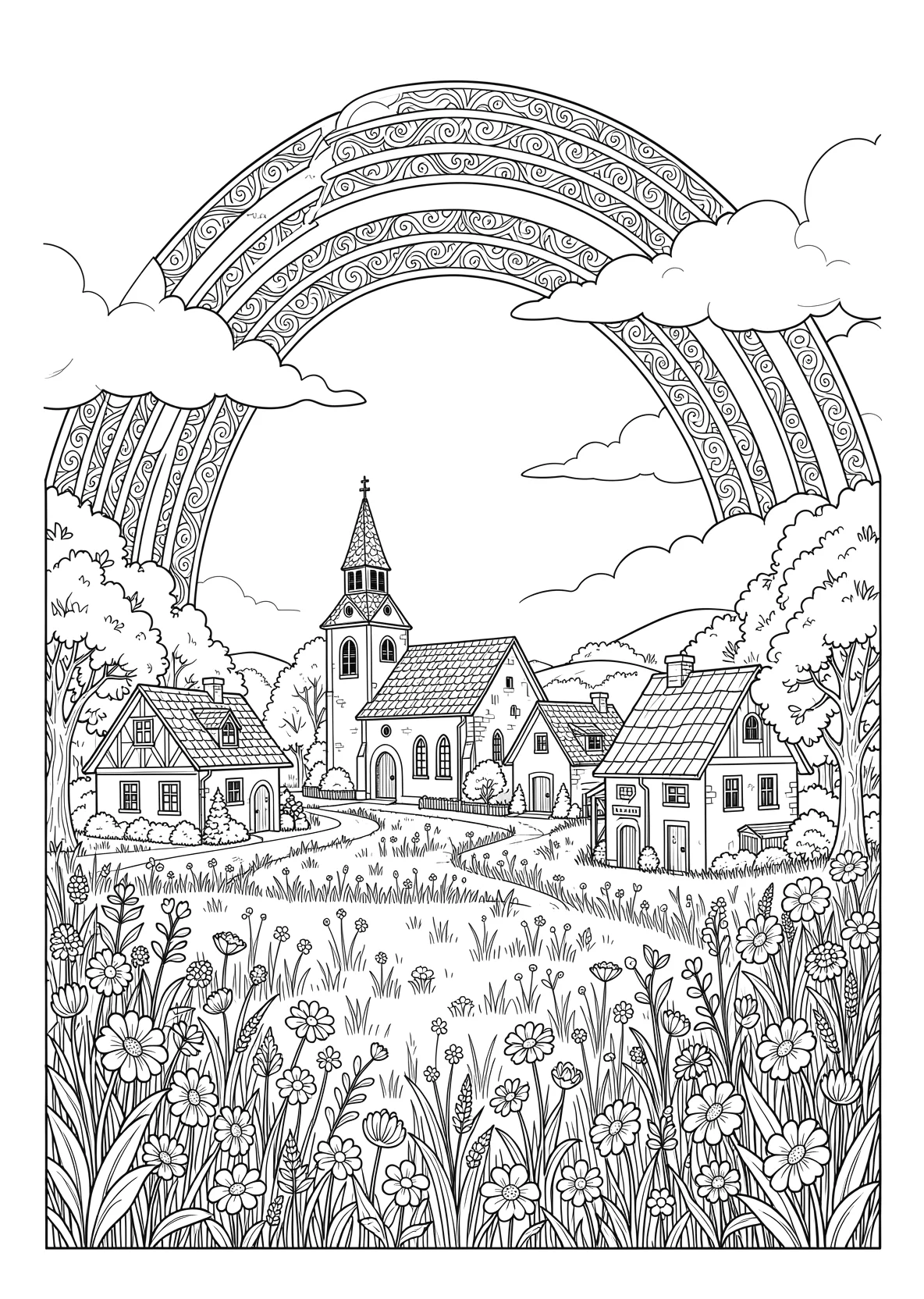 Ausmalbild Regenbogen über einem kleinen Dorf mit Kirche - Ausmalbild aus der Kategorie Natur - kostenlos ausdrucken