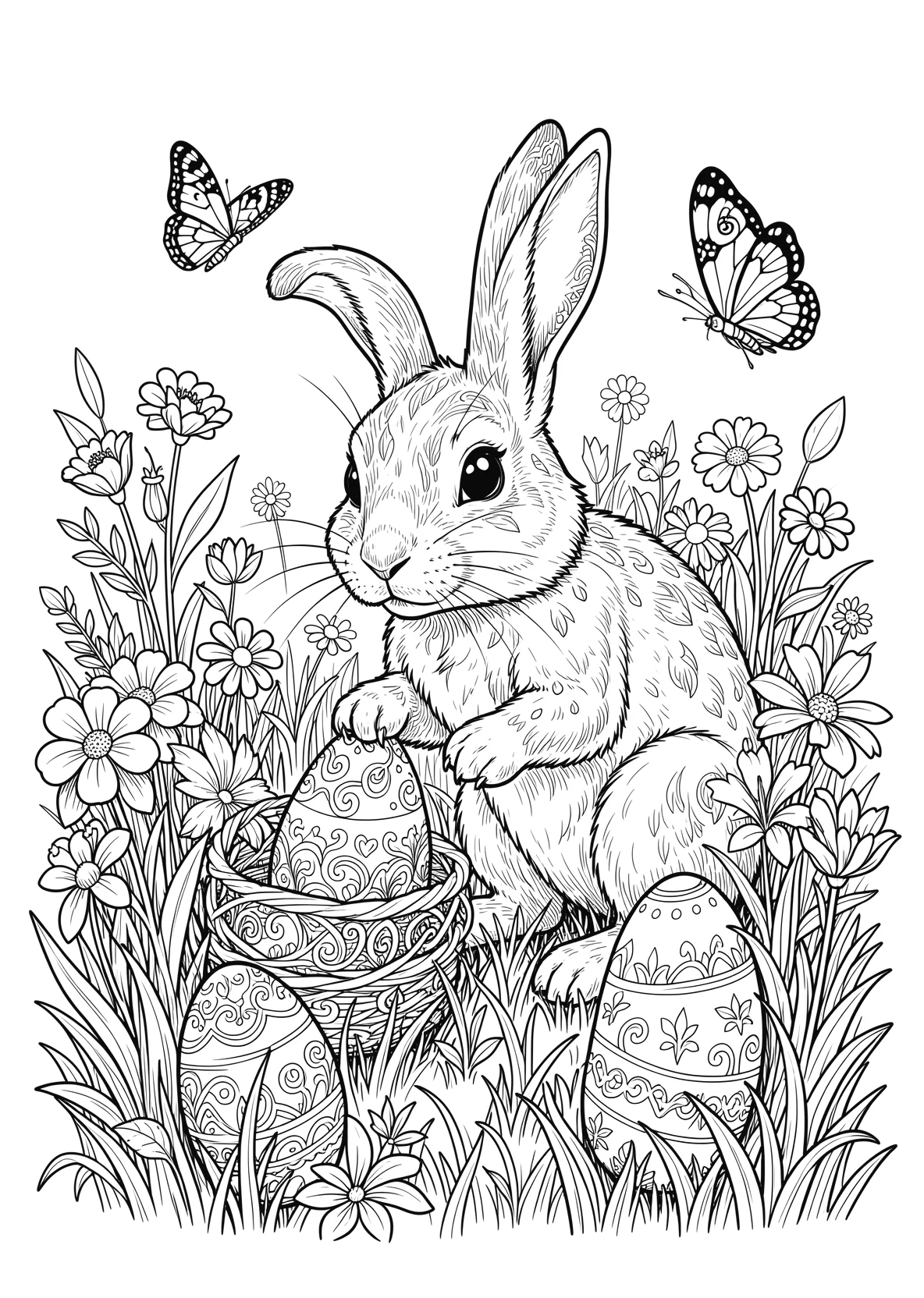 Ausmalbild Osterhase bemalt Eier in einer Blumenwiese mit - Ausmalbild aus der Kategorie Feiertage - kostenlos ausdrucken