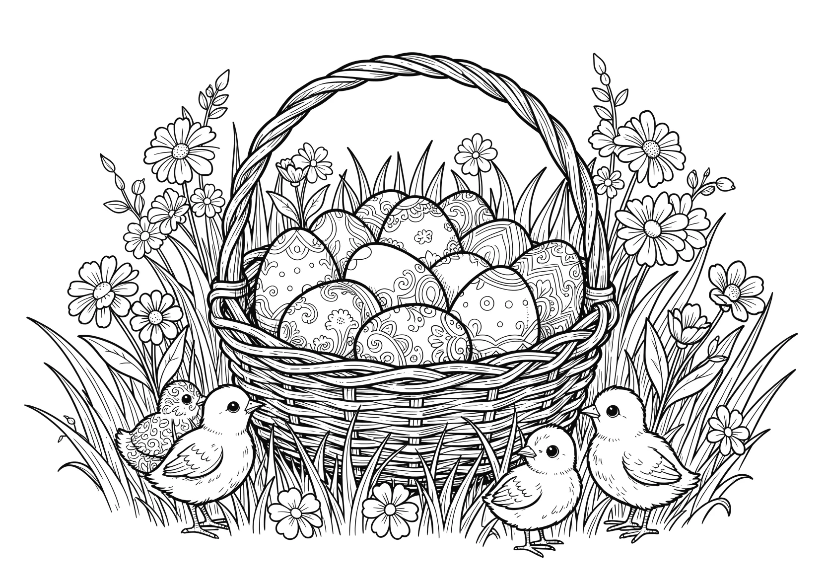 Ausmalbild Korb voller Ostereier im Garten mit Blumen - Ausmalbild aus der Kategorie Feiertage - kostenlos ausdrucken