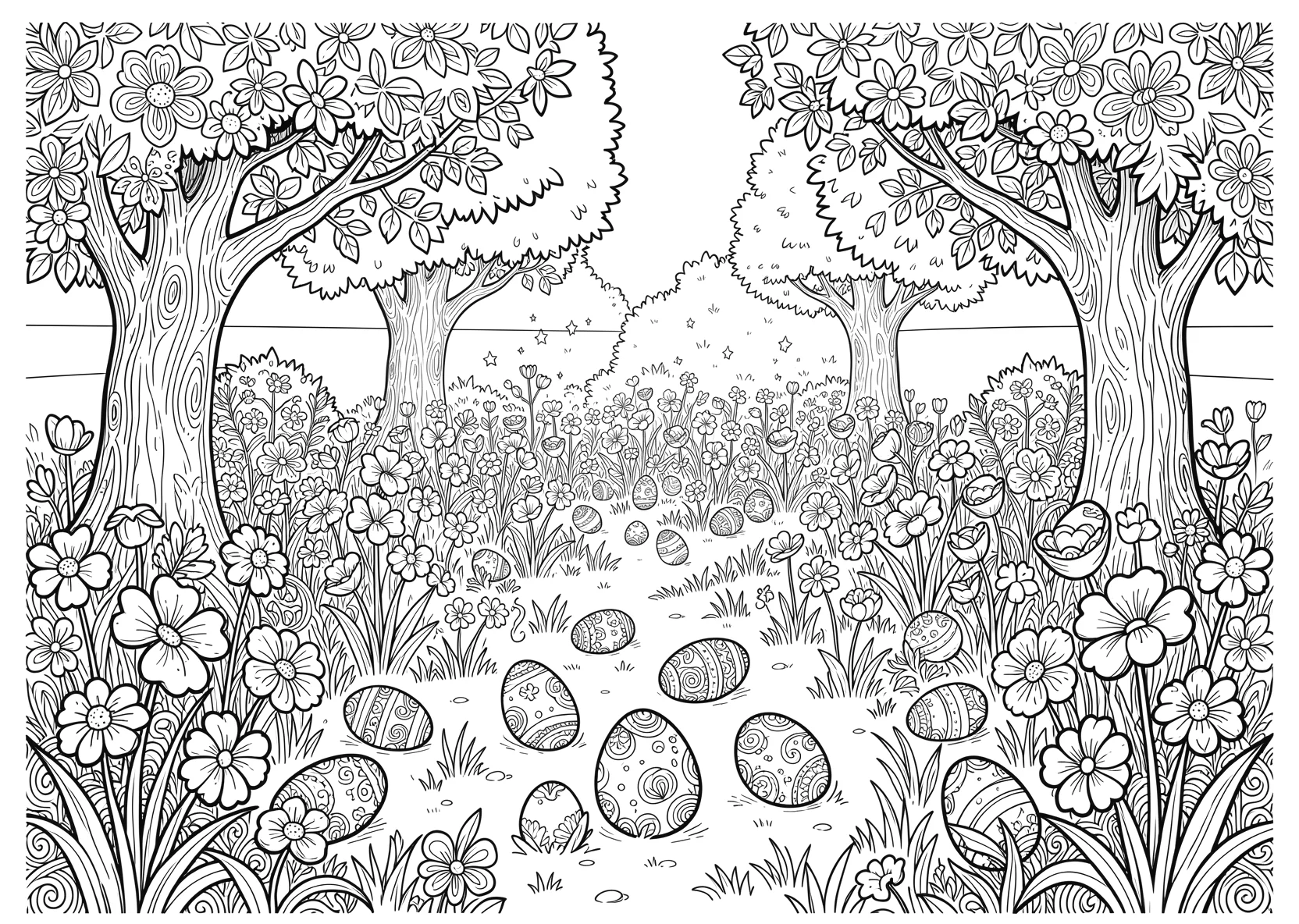 Ausmalbild Kinder suchen Ostereier im Garten mit Blumen - Ausmalbild aus der Kategorie Feiertage - kostenlos ausdrucken