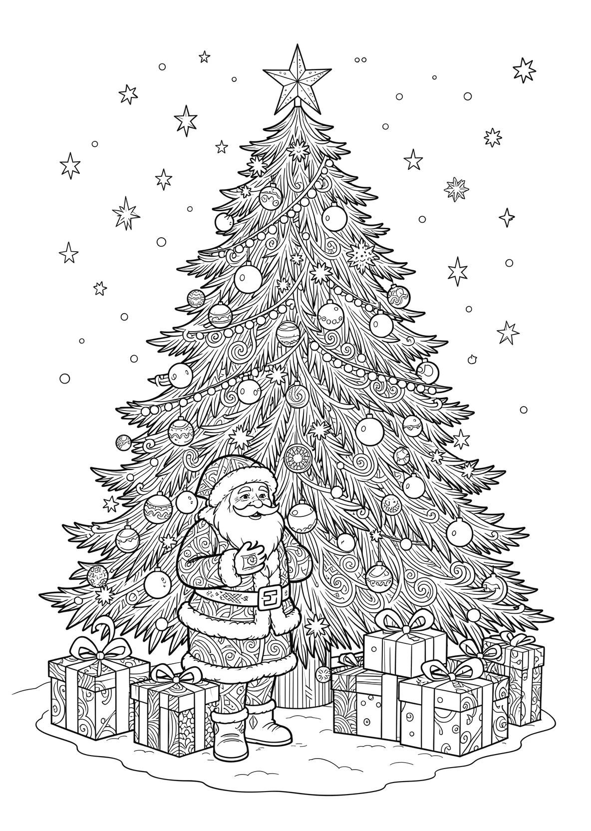 Ausmalbild Weihnachtsmann mit Geschenken vor einem - Ausmalbild aus der Kategorie Feiertage - kostenlos ausdrucken