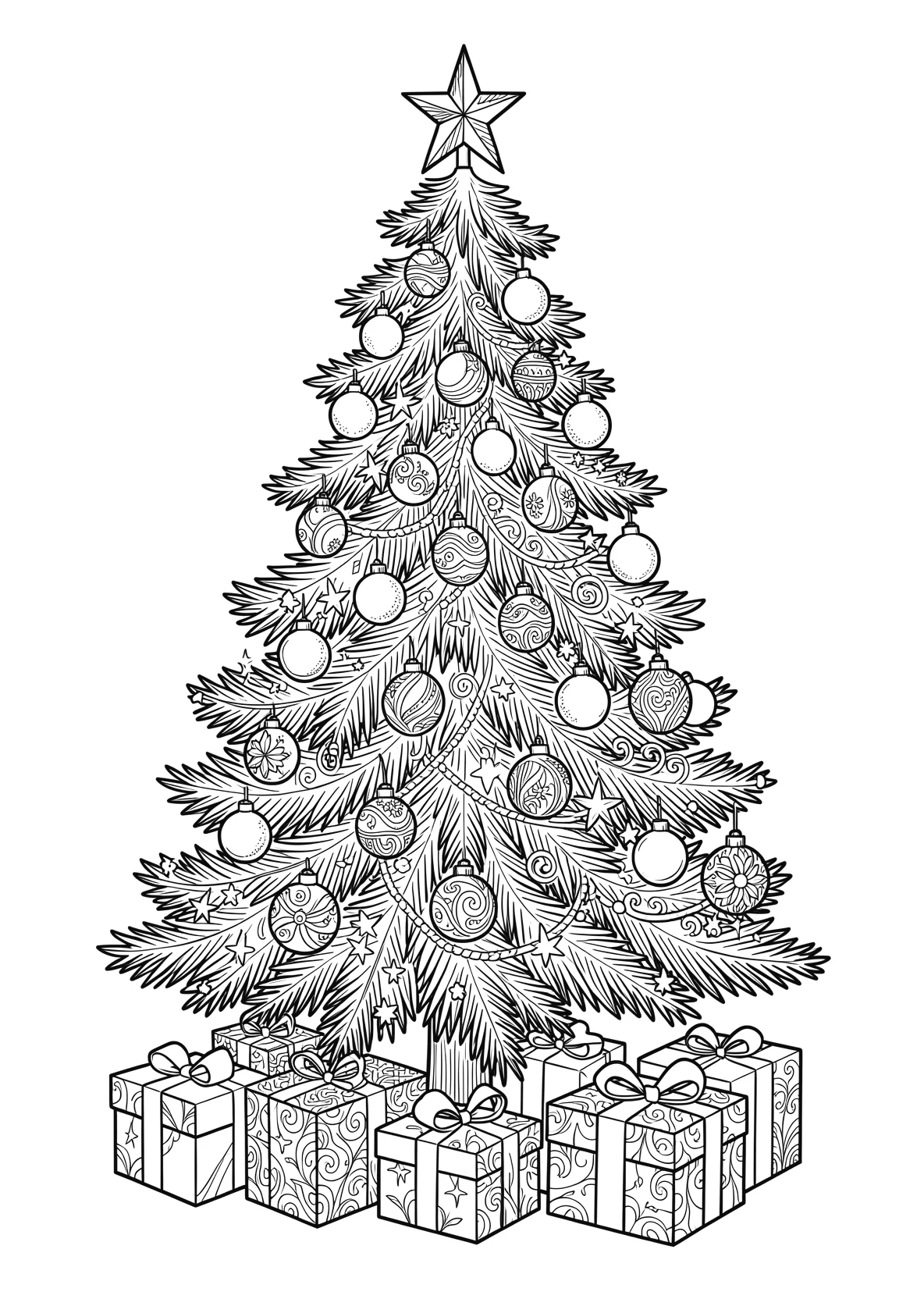 Ausmalbild Weihnachtsbaum mit Kugeln - Ausmalbild aus der Kategorie Feiertage - kostenlos ausdrucken