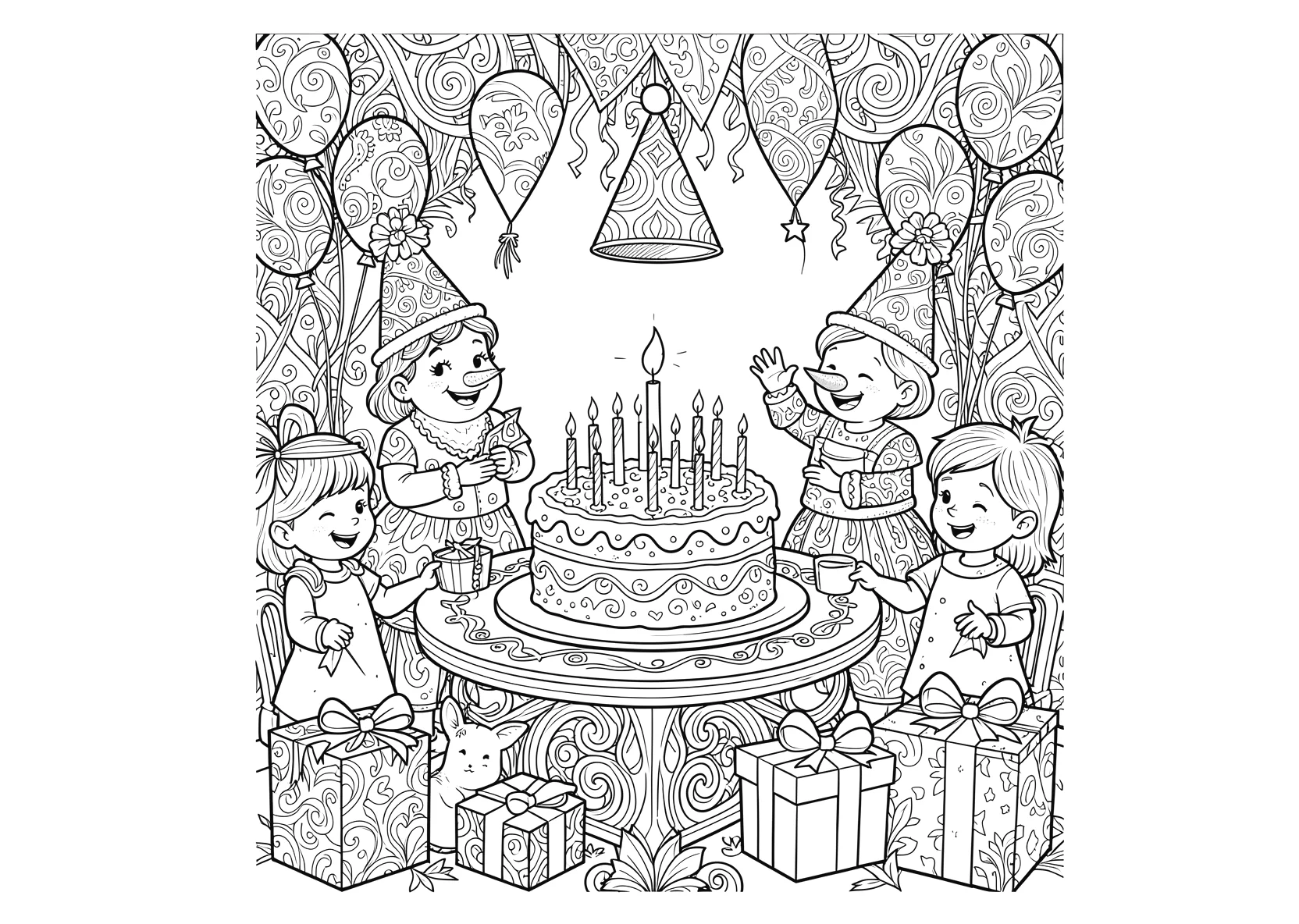 Ausmalbild Kinder feiern Geburtstag mit Kuchen - Ausmalbild aus der Kategorie Feiertage - kostenlos ausdrucken