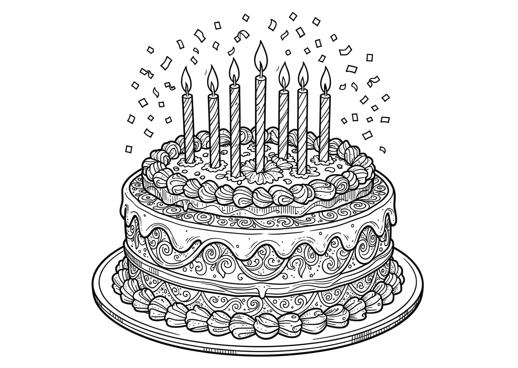Ausmalbild Großer Geburtstagskuchen mit Kerzen - Ausmalbild aus der Kategorie Feiertage - kostenlos ausdrucken