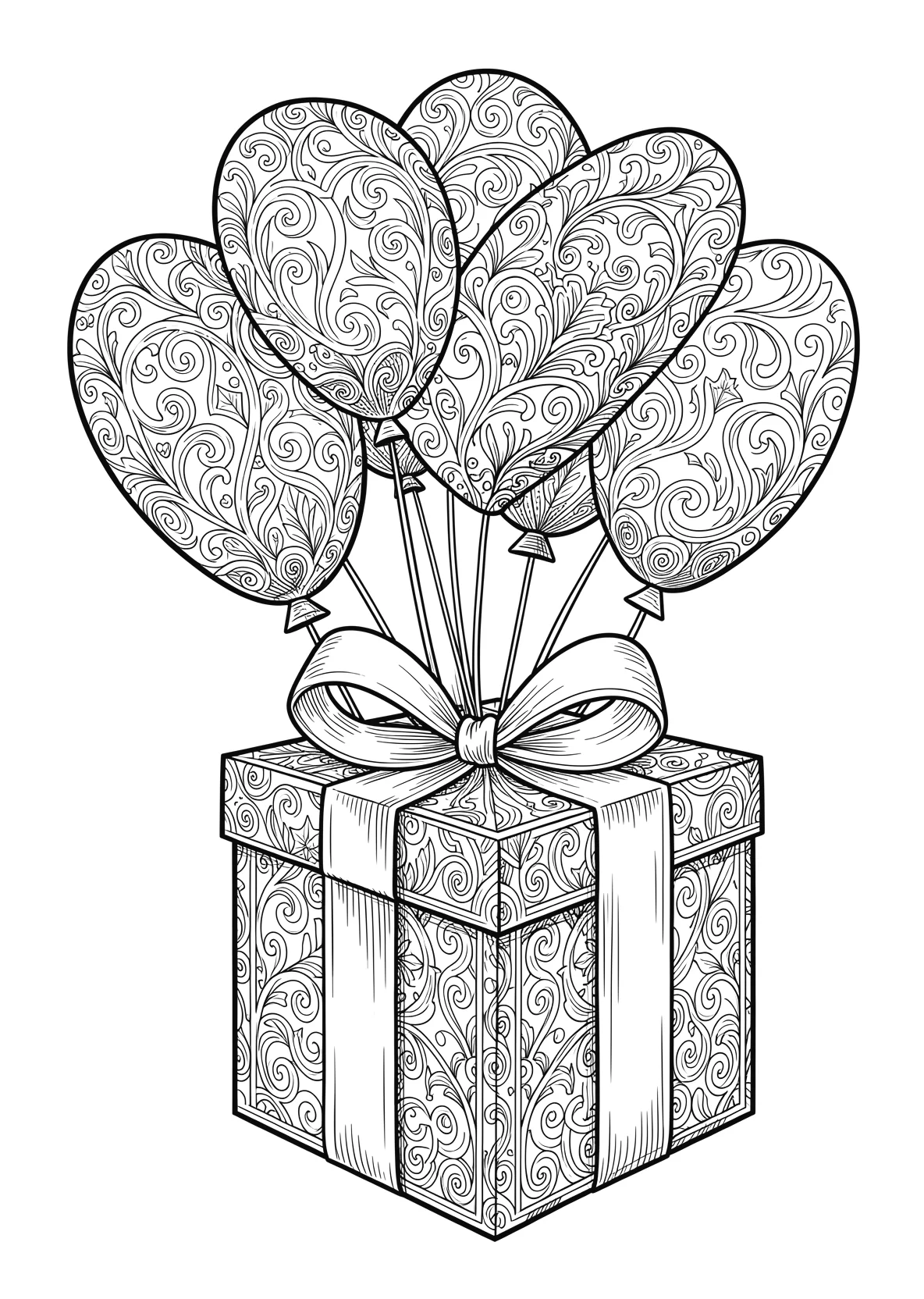 Ausmalbild Geburtstagsgeschenk mit Schleife neben Luftballons - Ausmalbild aus der Kategorie Feiertage - kostenlos ausdrucken