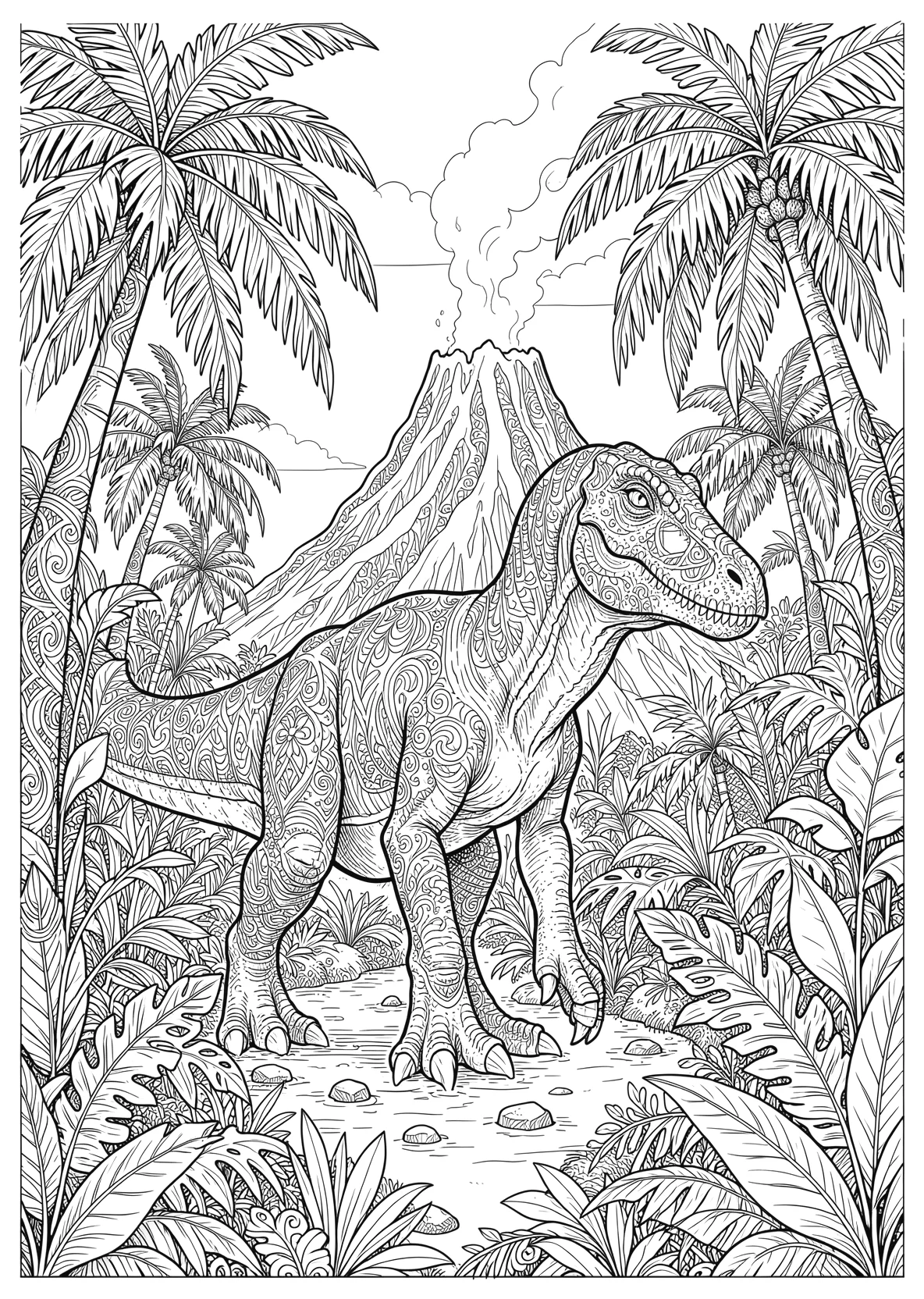 Ausmalbild Dinosaurier im Dschungel mit Vulkan - Ausmalbild aus der Kategorie Tiere - kostenlos ausdrucken