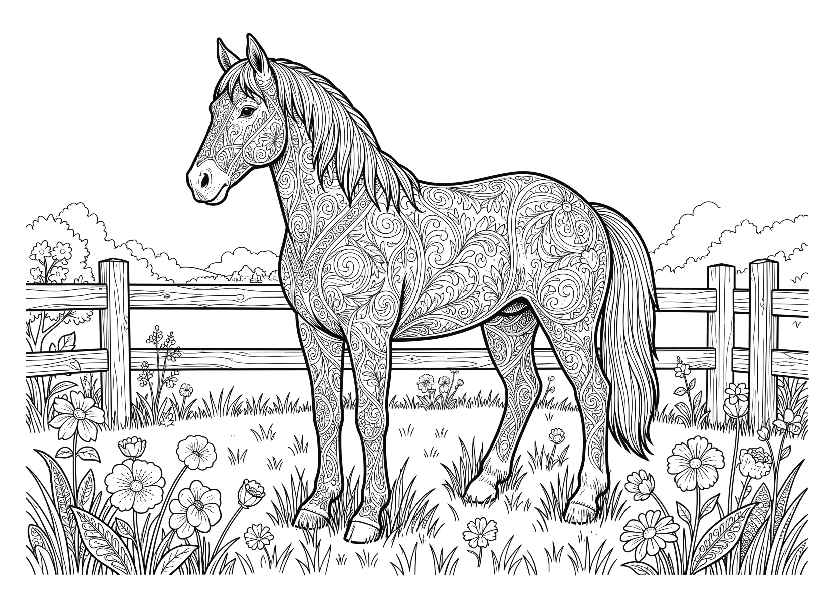 Ausmalbild Pferd auf einer Wiese mit Zaun und Blumen - Ausmalbild aus der Kategorie Tiere - kostenlos ausdrucken