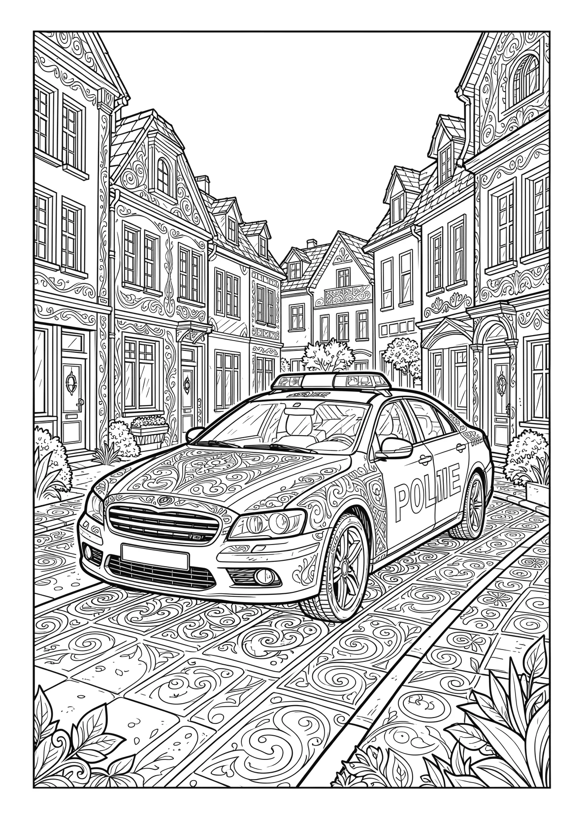 Ausmalbild Polizeiauto auf einer Straße mit Häusern - Ausmalbild aus der Kategorie Fahrzeuge - kostenlos ausdrucken
