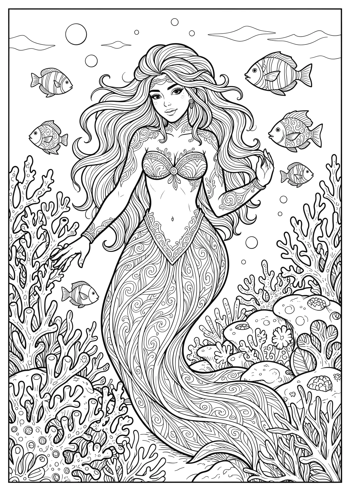 Ausmalbild Meerjungfrau im Meer mit Korallen und Fischen - Ausmalbild aus der Kategorie Maerchen - kostenlos ausdrucken