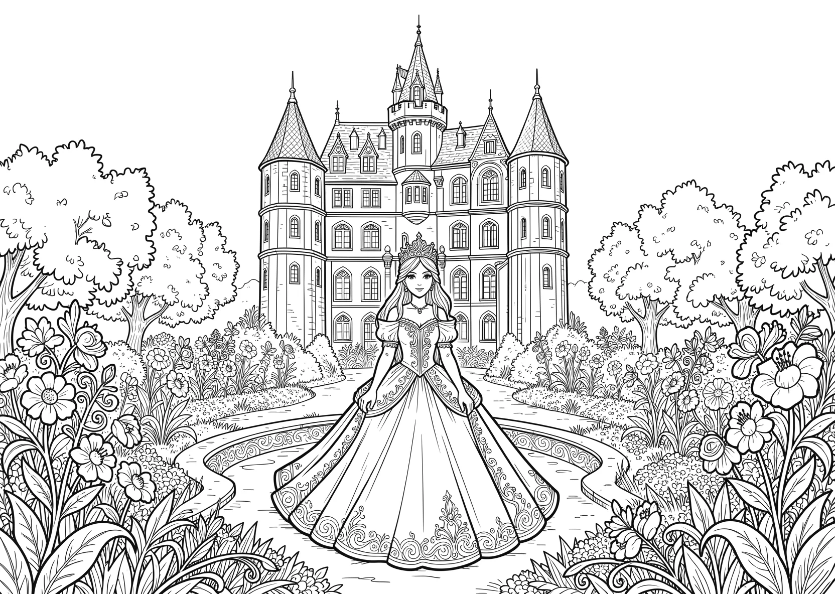 Ausmalbild Prinzessin vor einem Schloss mit Garten - Ausmalbild aus der Kategorie Maerchen - kostenlos ausdrucken