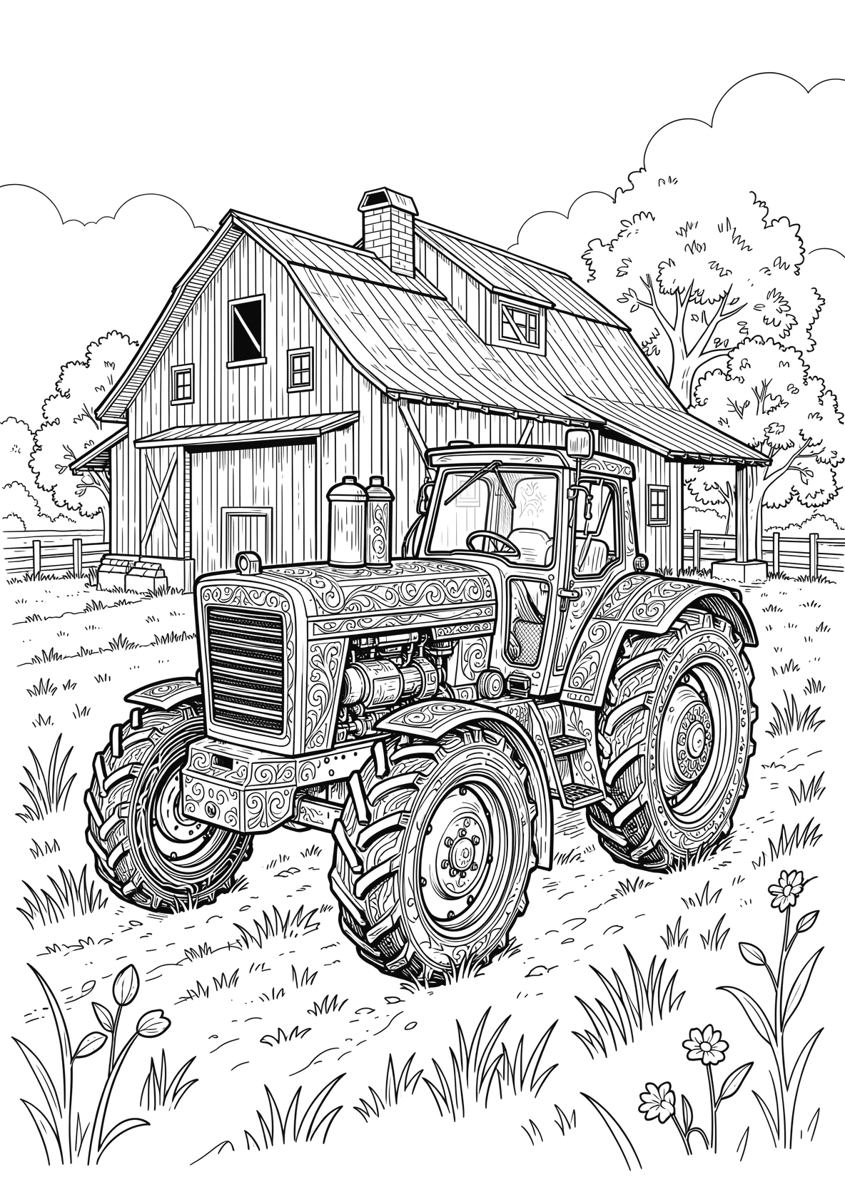 Ausmalbild Traktor auf einem Bauernhof mit Scheune - Ausmalbild aus der Kategorie Tiere - kostenlos ausdrucken