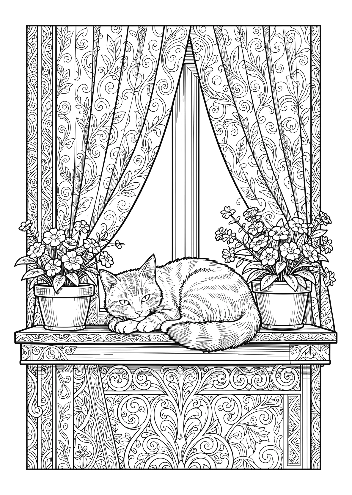 Ausmalbild Katze schläft auf einem Fensterbrett mit - Ausmalbild aus der Kategorie Tiere - kostenlos ausdrucken