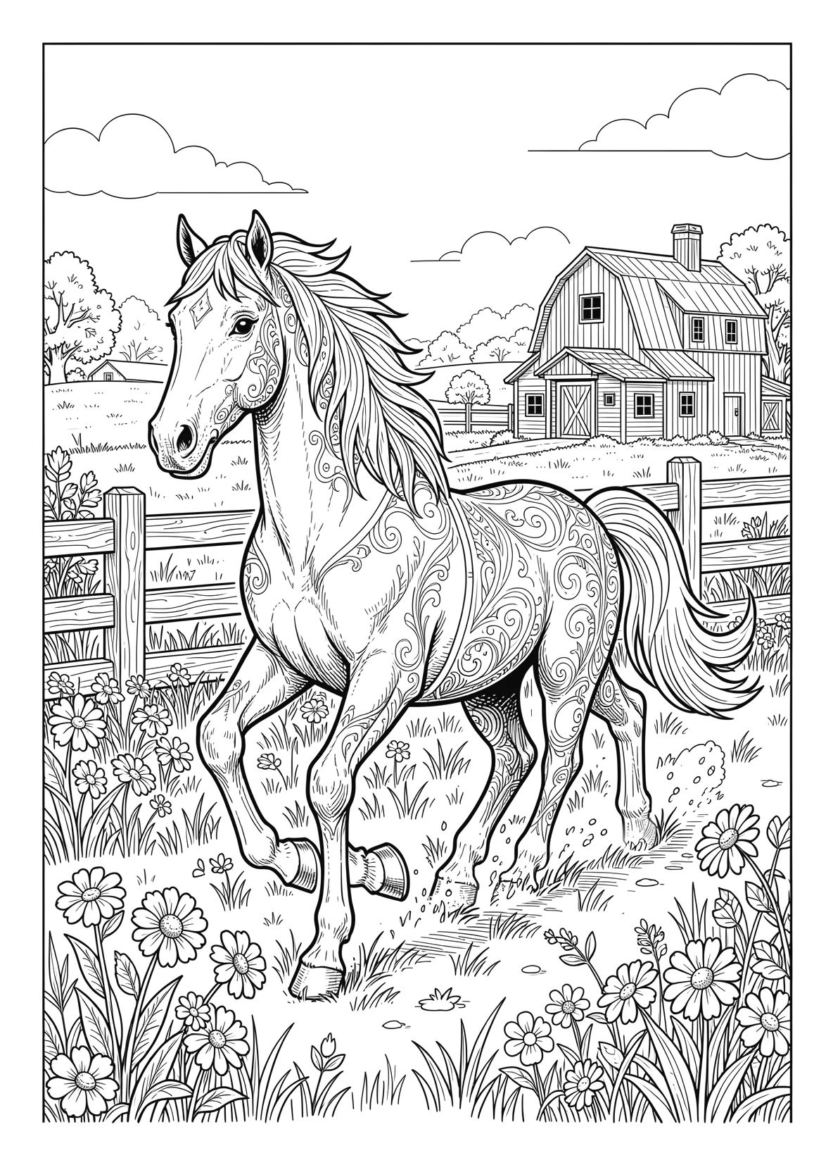 Ausmalbild Pferd läuft über eine Wiese mit Zaun - Ausmalbild aus der Kategorie Tiere - kostenlos ausdrucken