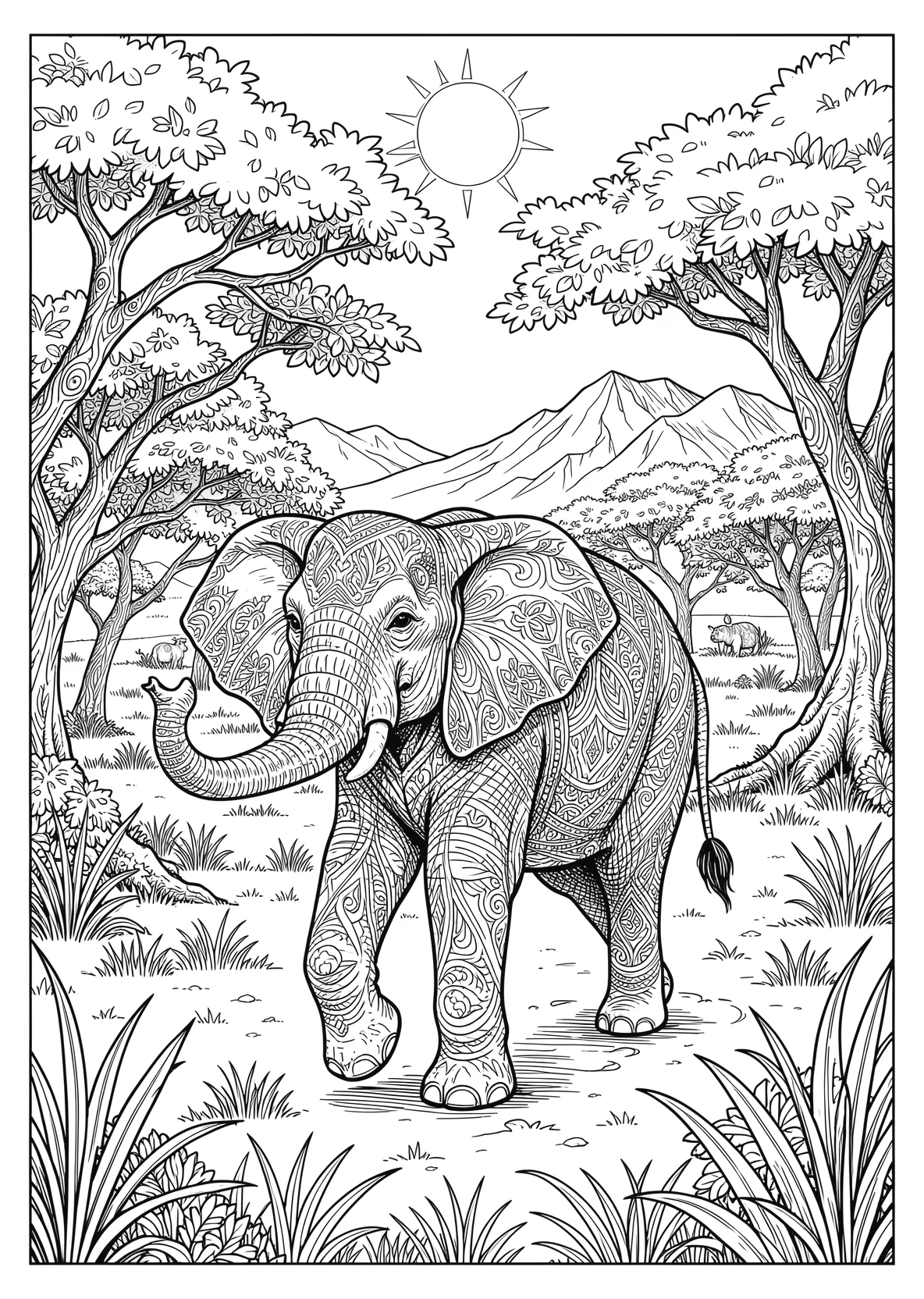 Ausmalbild Elefant läuft durch die Savanne mit Bäumen - Ausmalbild aus der Kategorie Tiere - kostenlos ausdrucken